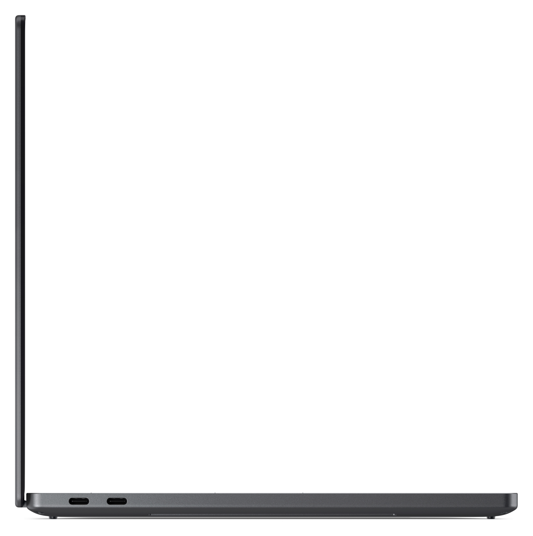 Profilo laterale di un laptop scuro chiuso con due porte USB-C su sfondo bianco.