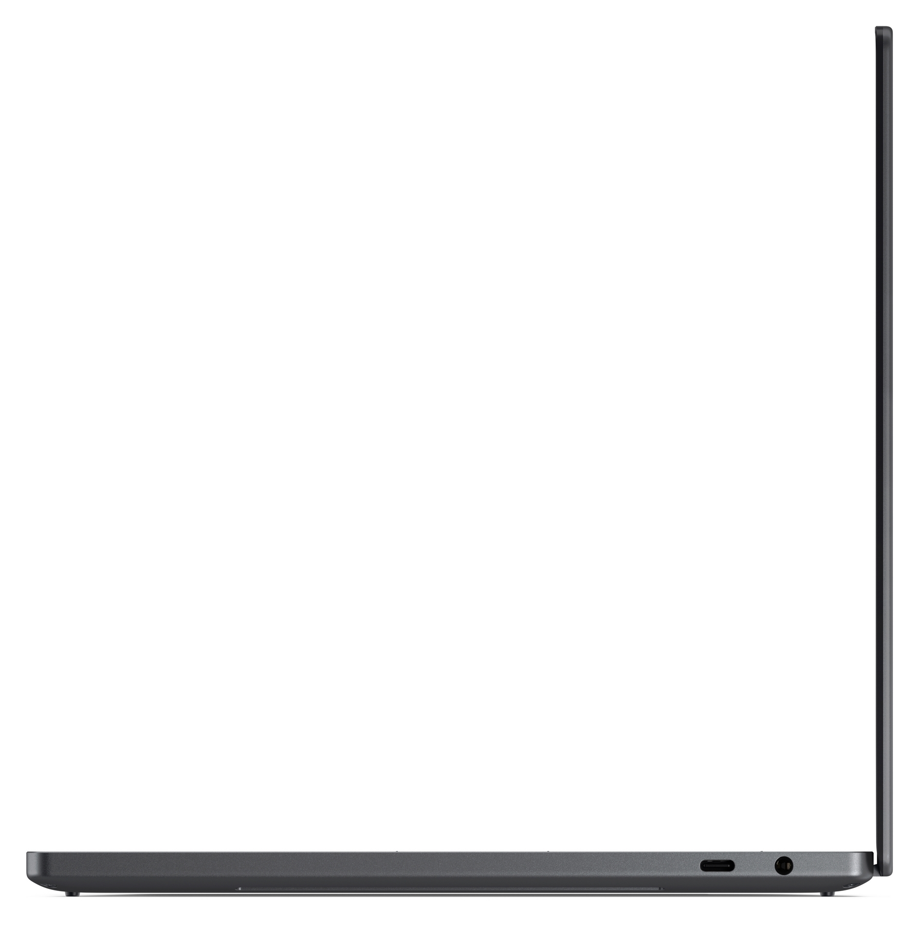 Vista laterale di un laptop sottile grigio scuro che mostra le porte sul bordo destro su sfondo bianco.