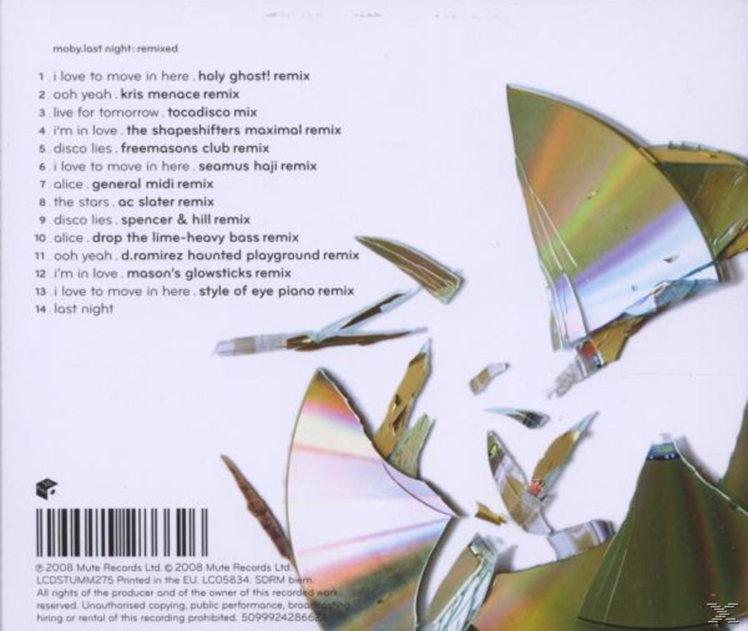 Rückseite des Moby-Albums "Last Night Remixed" mit Tracklist und zerbrochenen CD-Stücken.