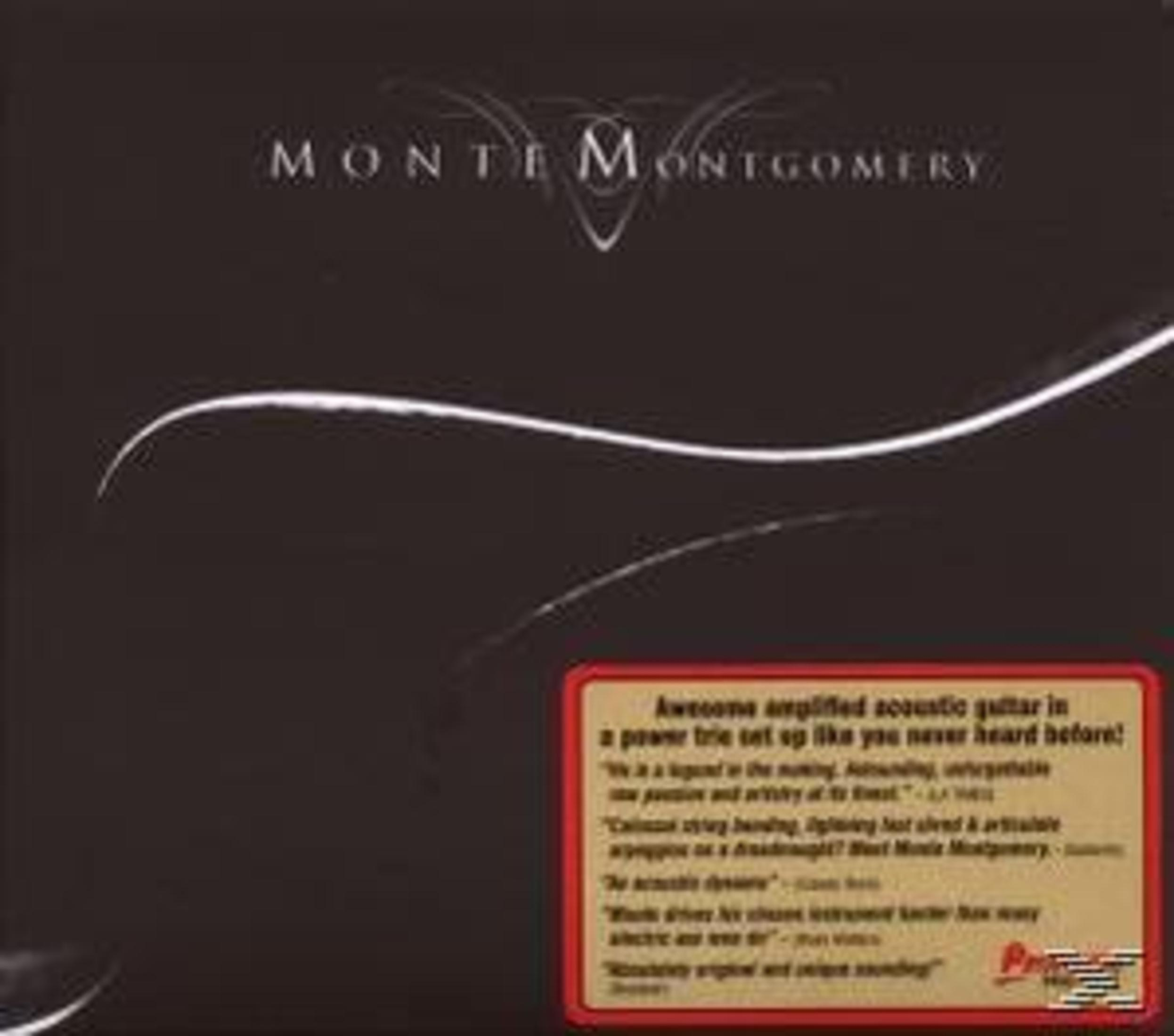 Monte Montgomery Albumcover mit dunklem Hintergrund, weißen geschwungenen Gitarrenlinien und rotem Aufkleber.