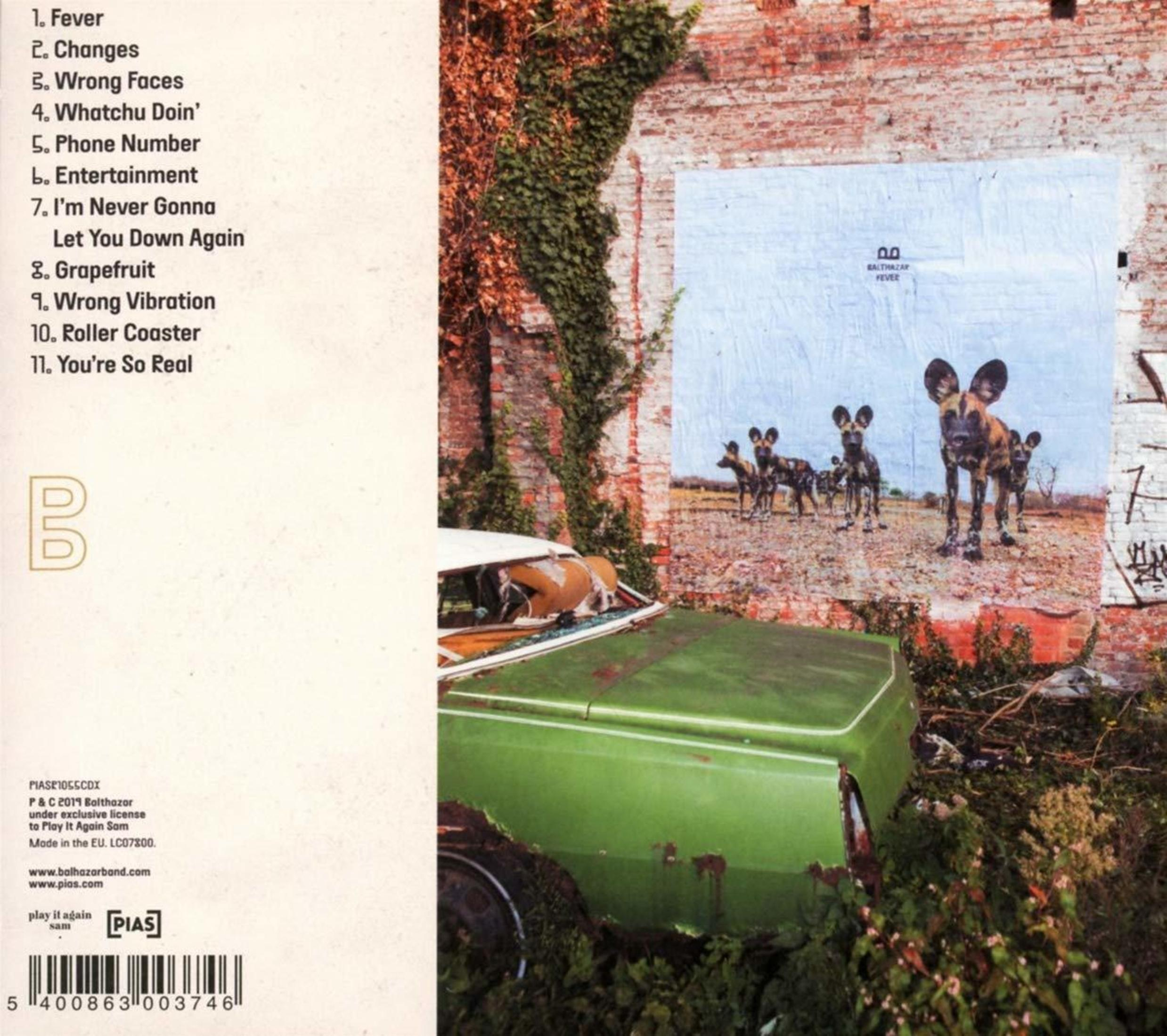 Album-Rückseite mit Tracklist links und einem verwitterten grünen Auto vor einer Ziegelwand rechts.