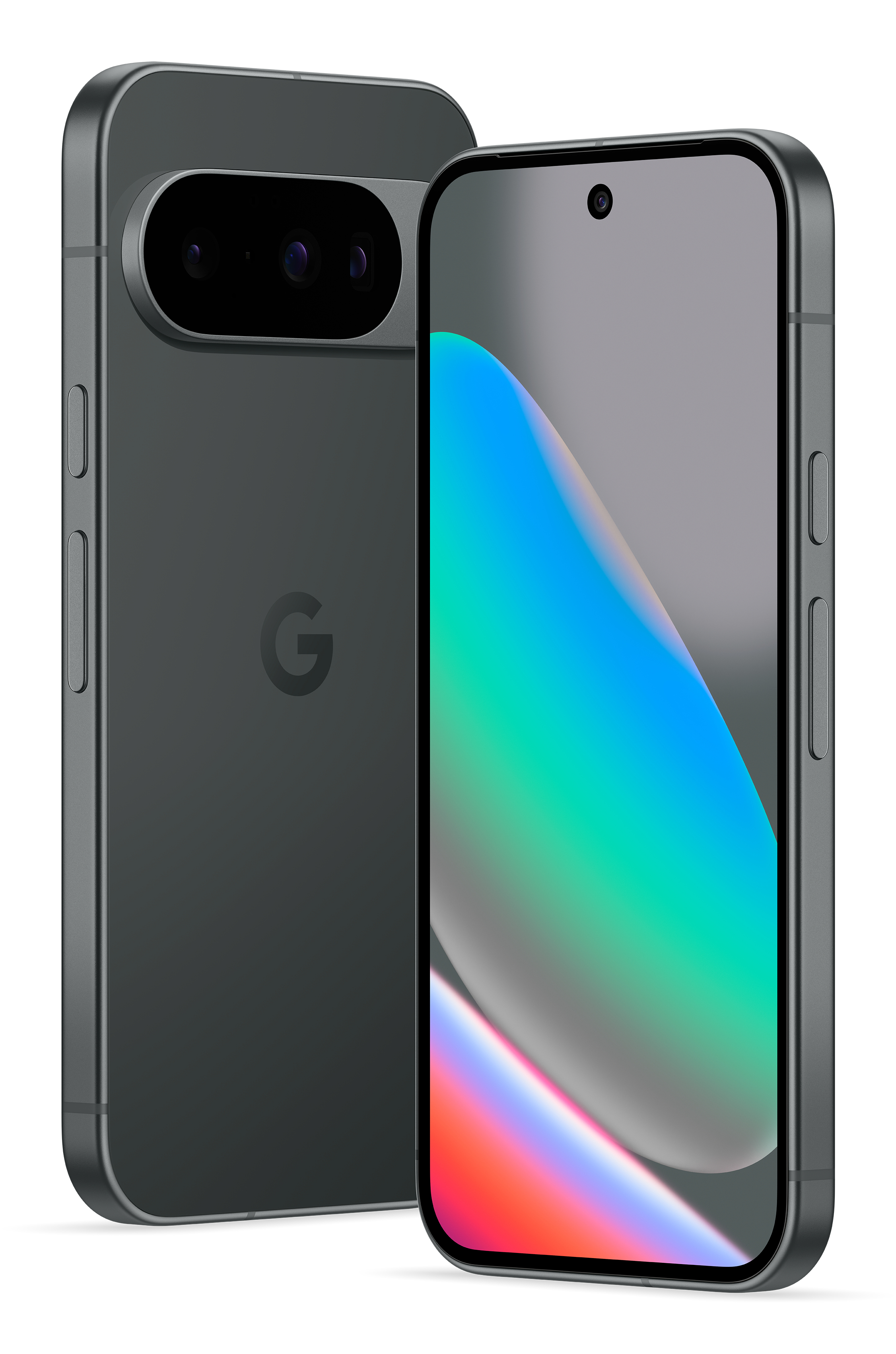 Smartphone grigio scuro con schermo colorato e modulo fotocamera posteriore.