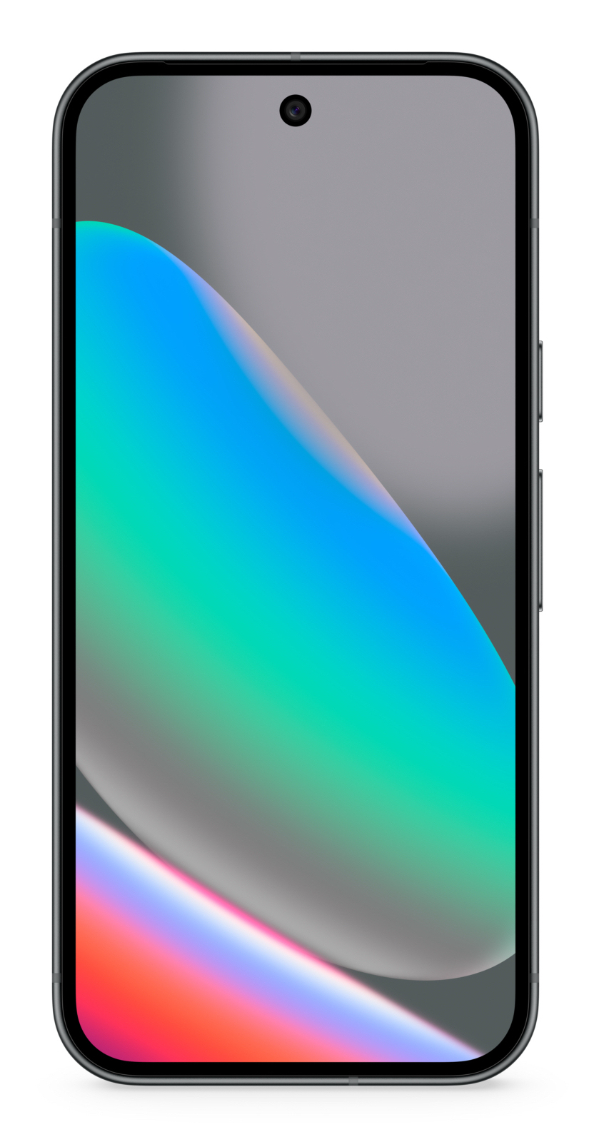 Uno smartphone con angoli arrotondati, una fotocamera frontale e uno sfondo astratto colorato.