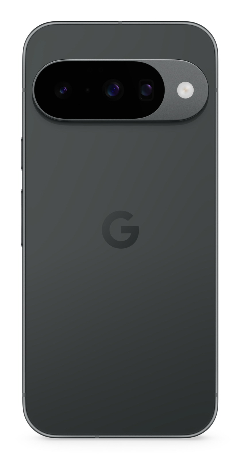 Retro di uno smartphone grigio scuro con una barra della fotocamera orizzontale in alto e il logo Google al centro.