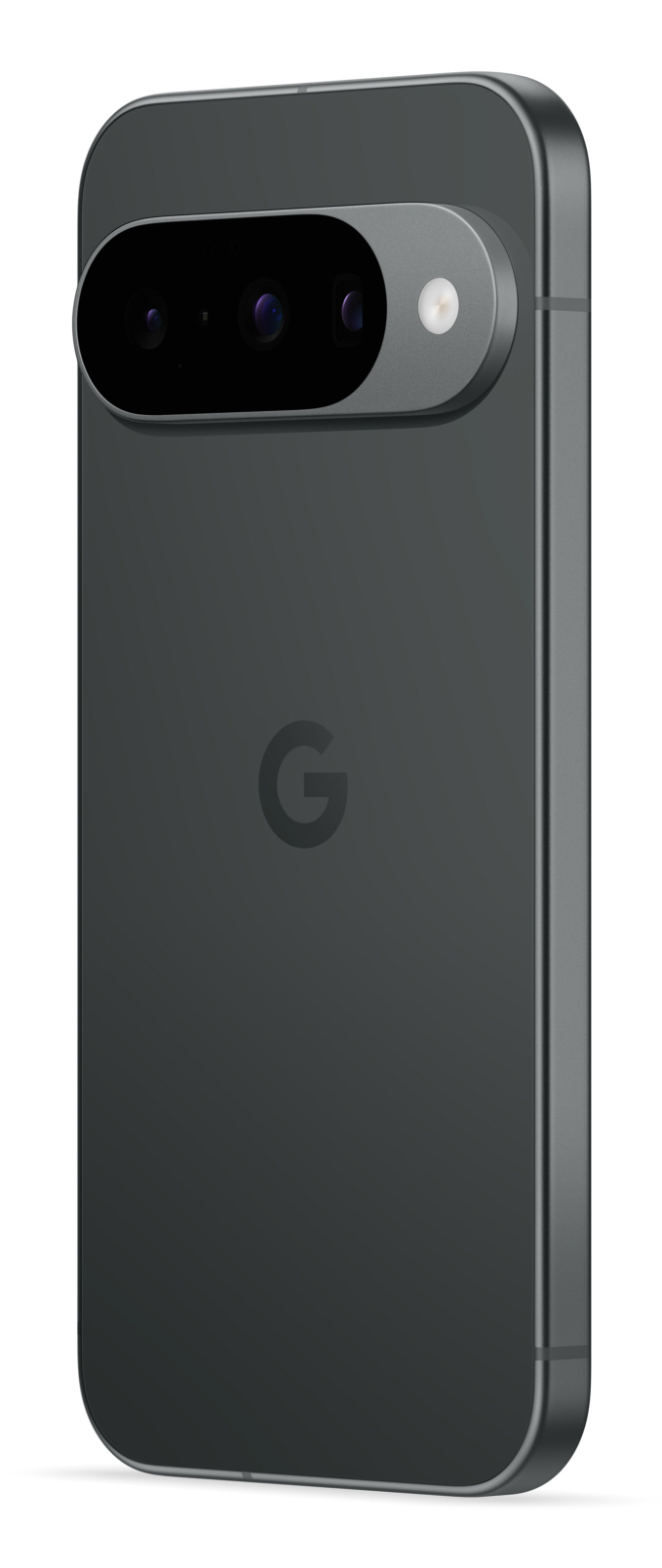 Retro di uno smartphone scuro con una barra della fotocamera orizzontale e il logo Google.