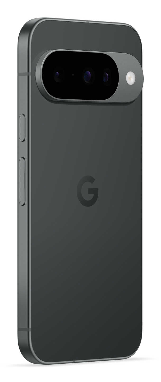 Retro di uno smartphone scuro con una barra della fotocamera allungata e il logo Google.