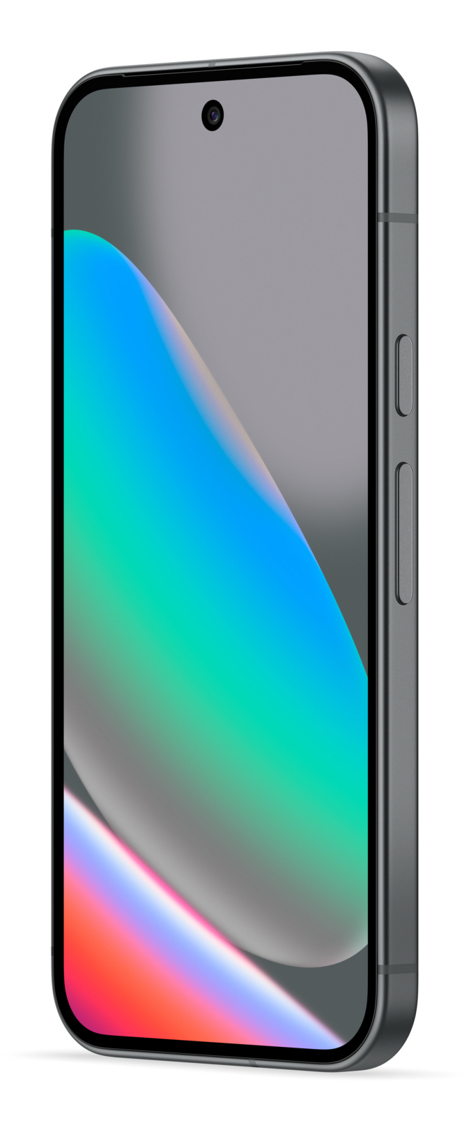 Uno smartphone grigio mostra uno sfondo astratto e colorato con toni blu e rossi.