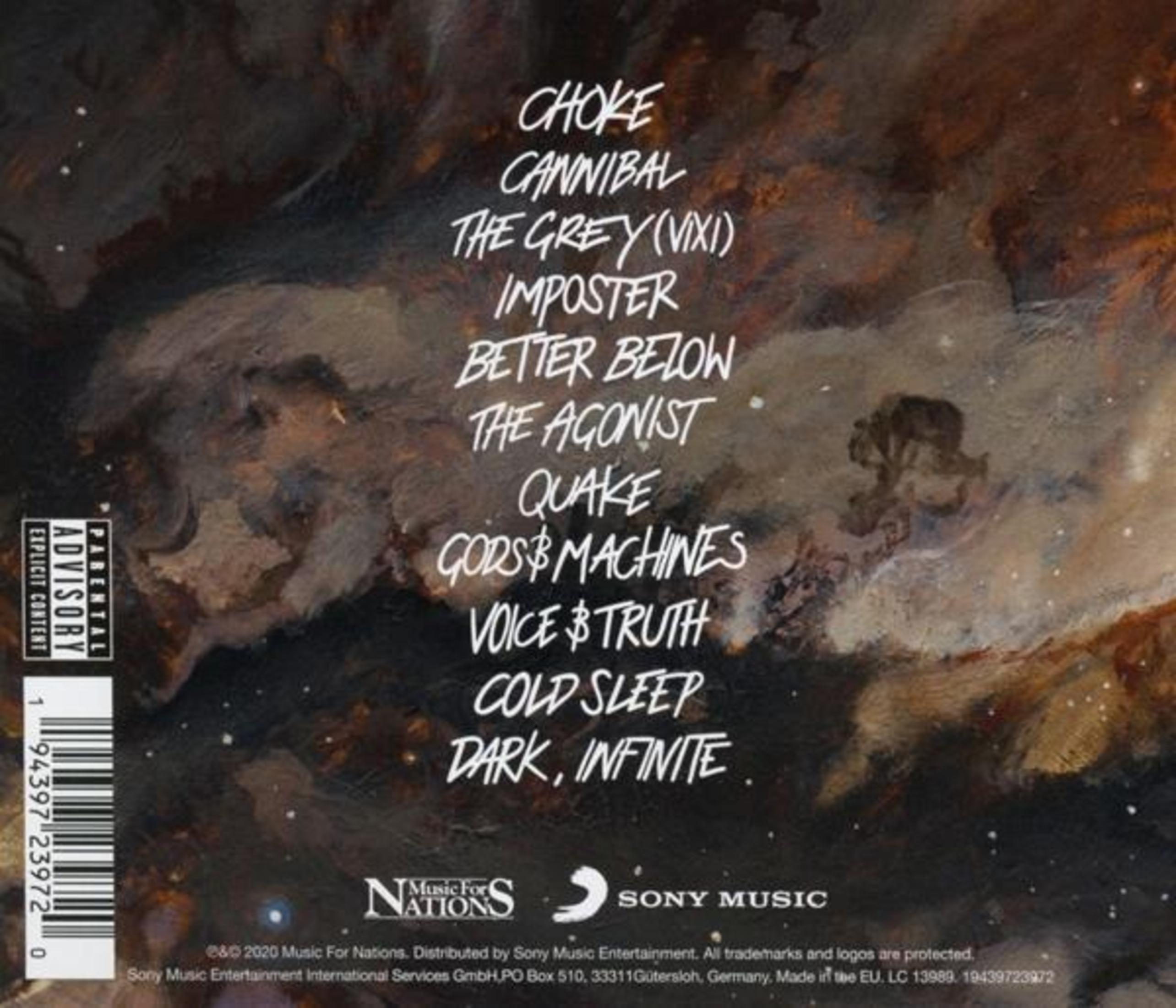 Albumrückseite mit Songtiteln auf dunkelbraunem, gemäldeähnlichem Hintergrund, Barcode und Sony-Music-Logo unten.