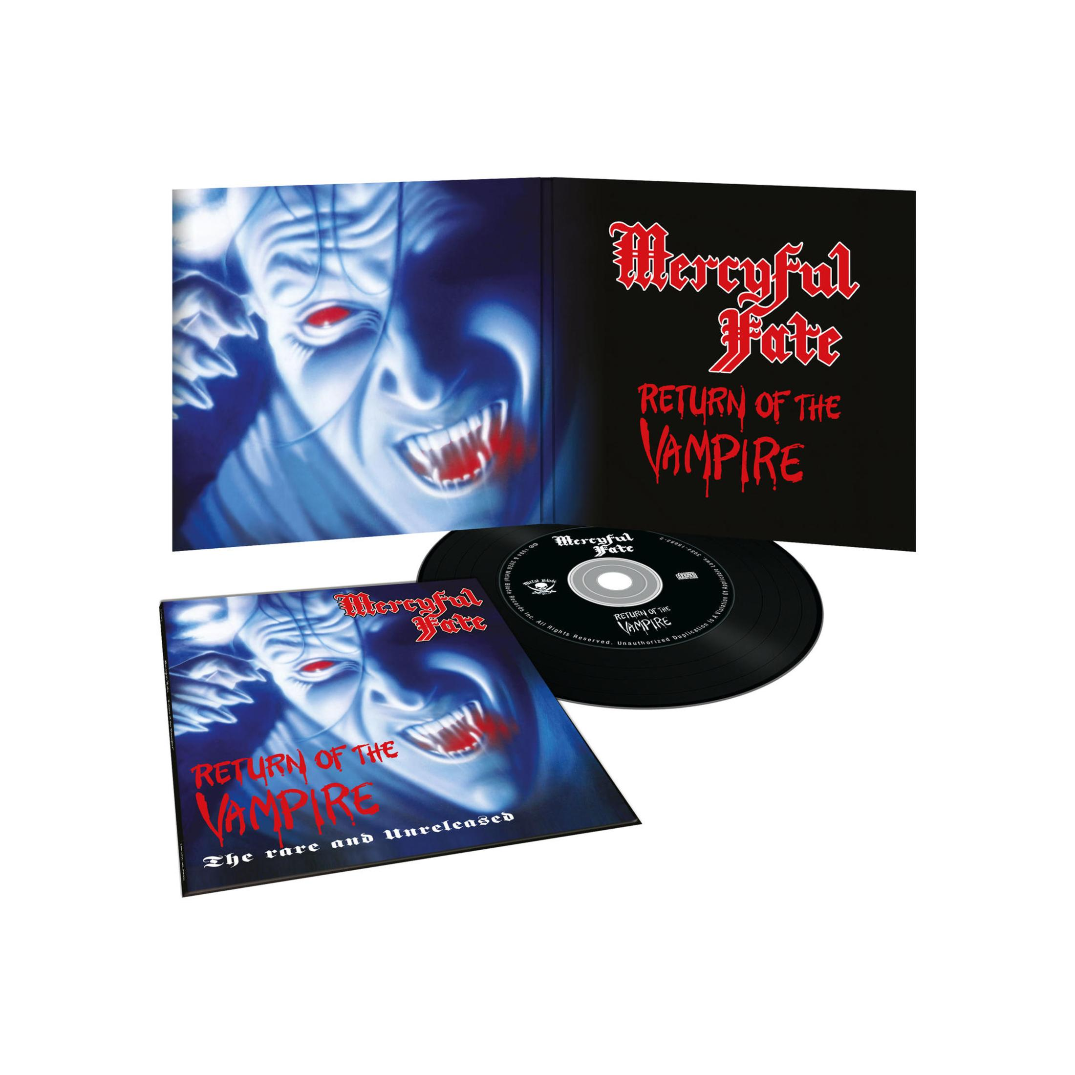 Mercyful Fate CD Return of the Vampire mit bläulichem Vampir-Cover und schwarzer Disc auf weißem Hintergrund.