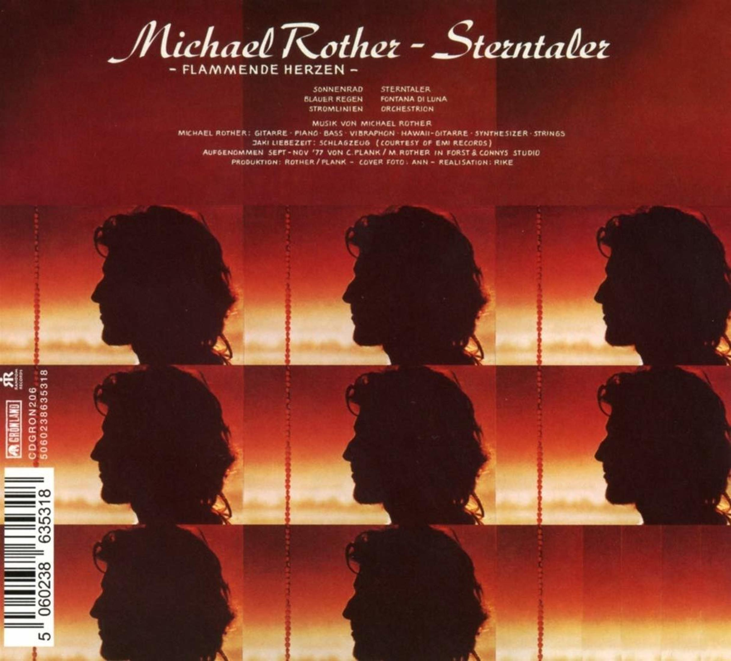 Albumcover mit neun repetitiven Silhouetten von Michael Rother vor einem rötlichen Sonnenuntergangshintergrund.