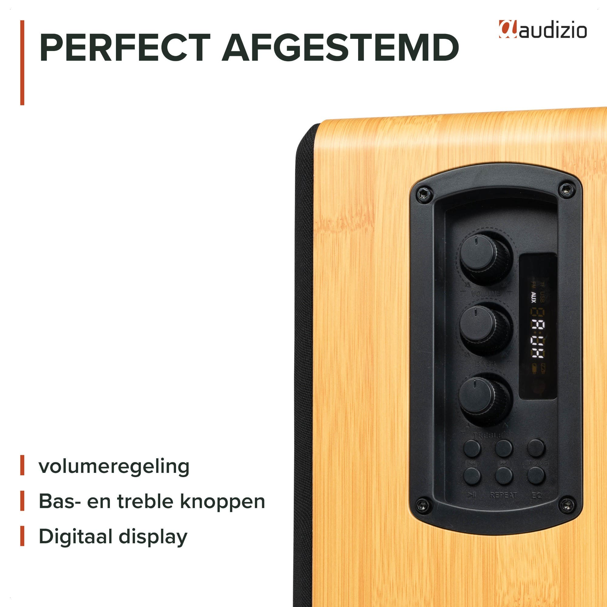 Altavoz Audizio con acabado de madera, perillas de control, pantalla y texto en holandés.