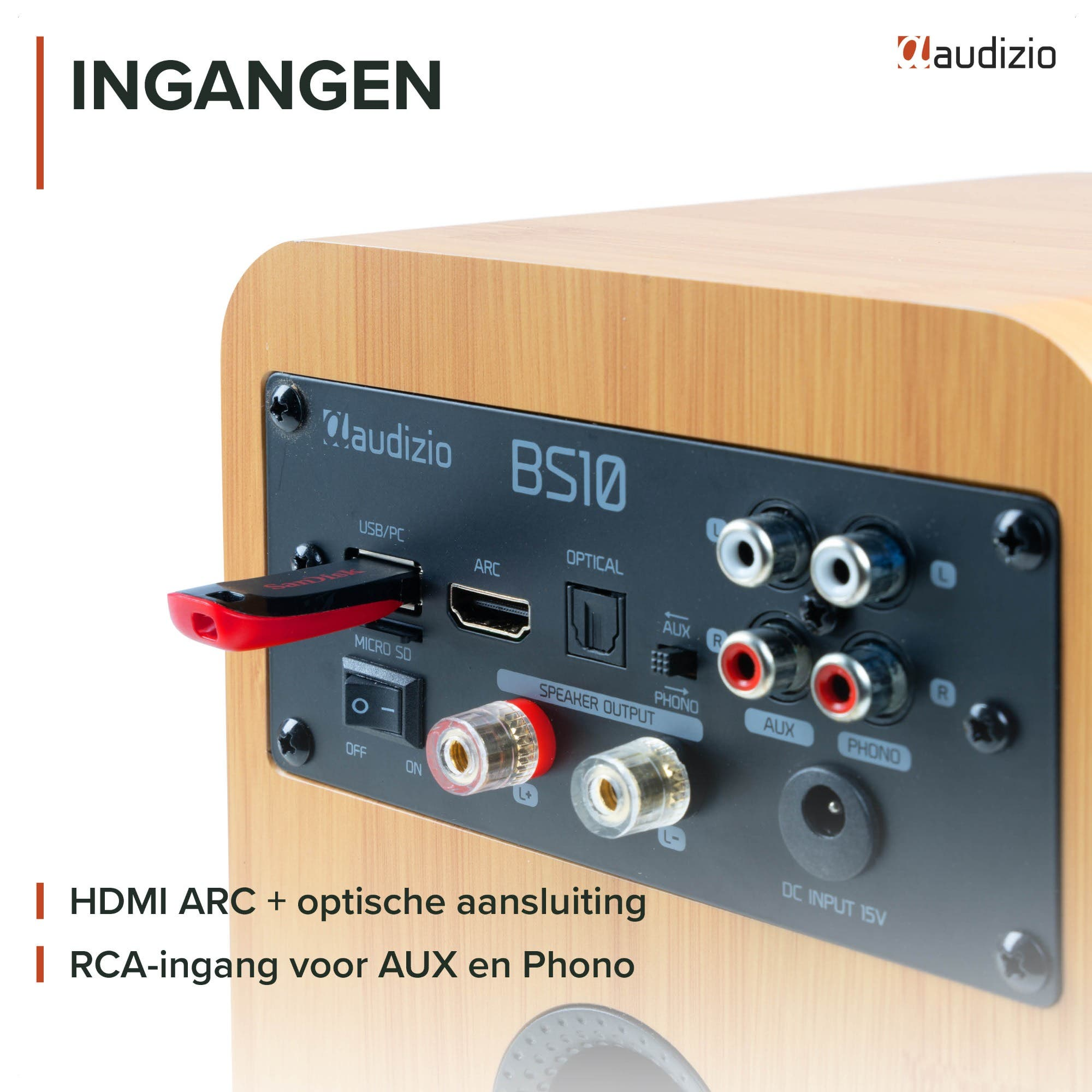 Panel trasero del altavoz de madera Audizio BS10 con varios puertos de conexión, incluidos USB, HDMI y RCA.