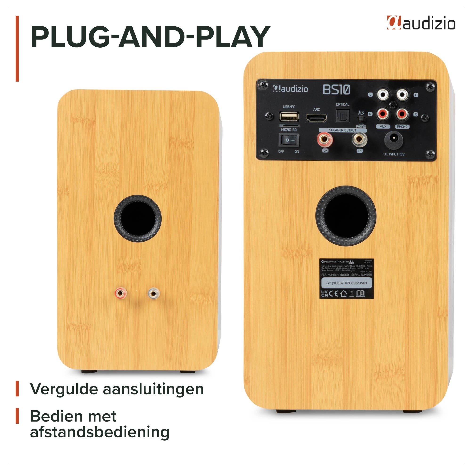 Dos altavoces con acabado de madera vistos desde el frente y la parte posterior, con varios puertos y controles.