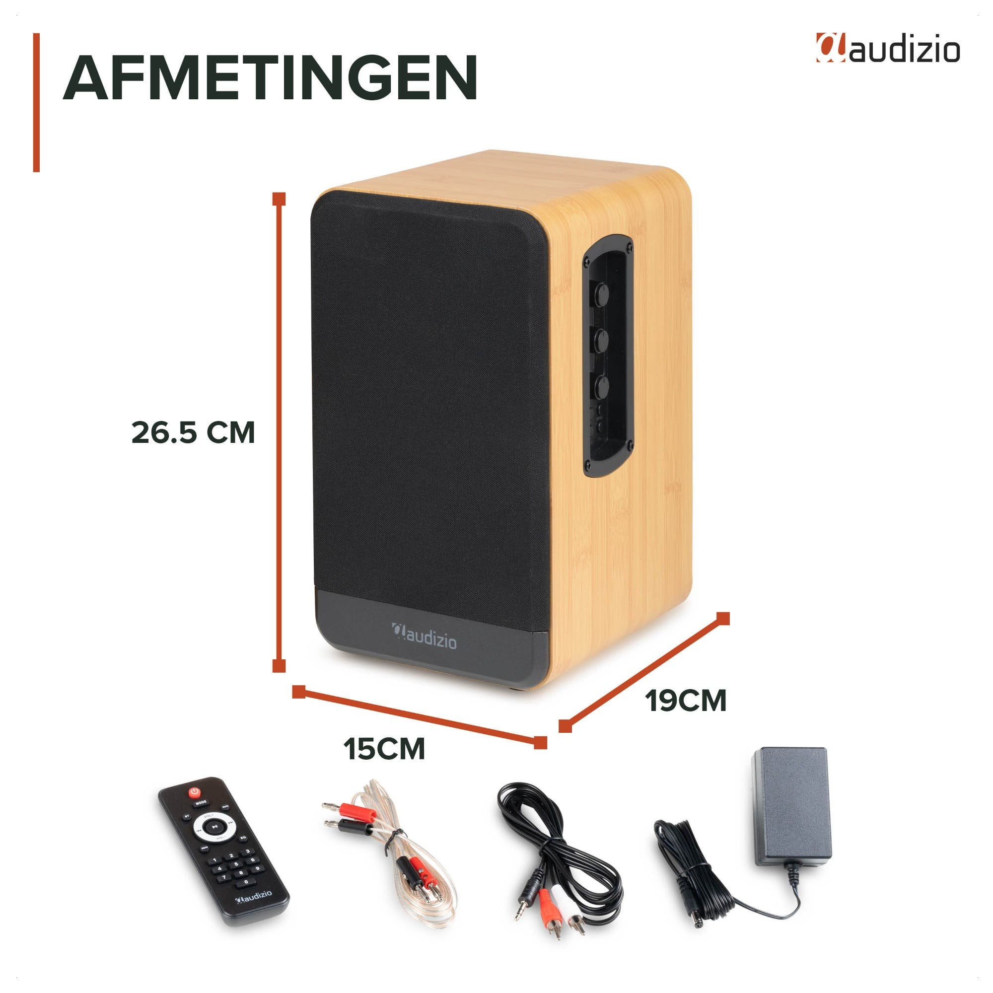 Altavoz Audizio con acabado en madera, dimensiones y accesorios como mando y cables.