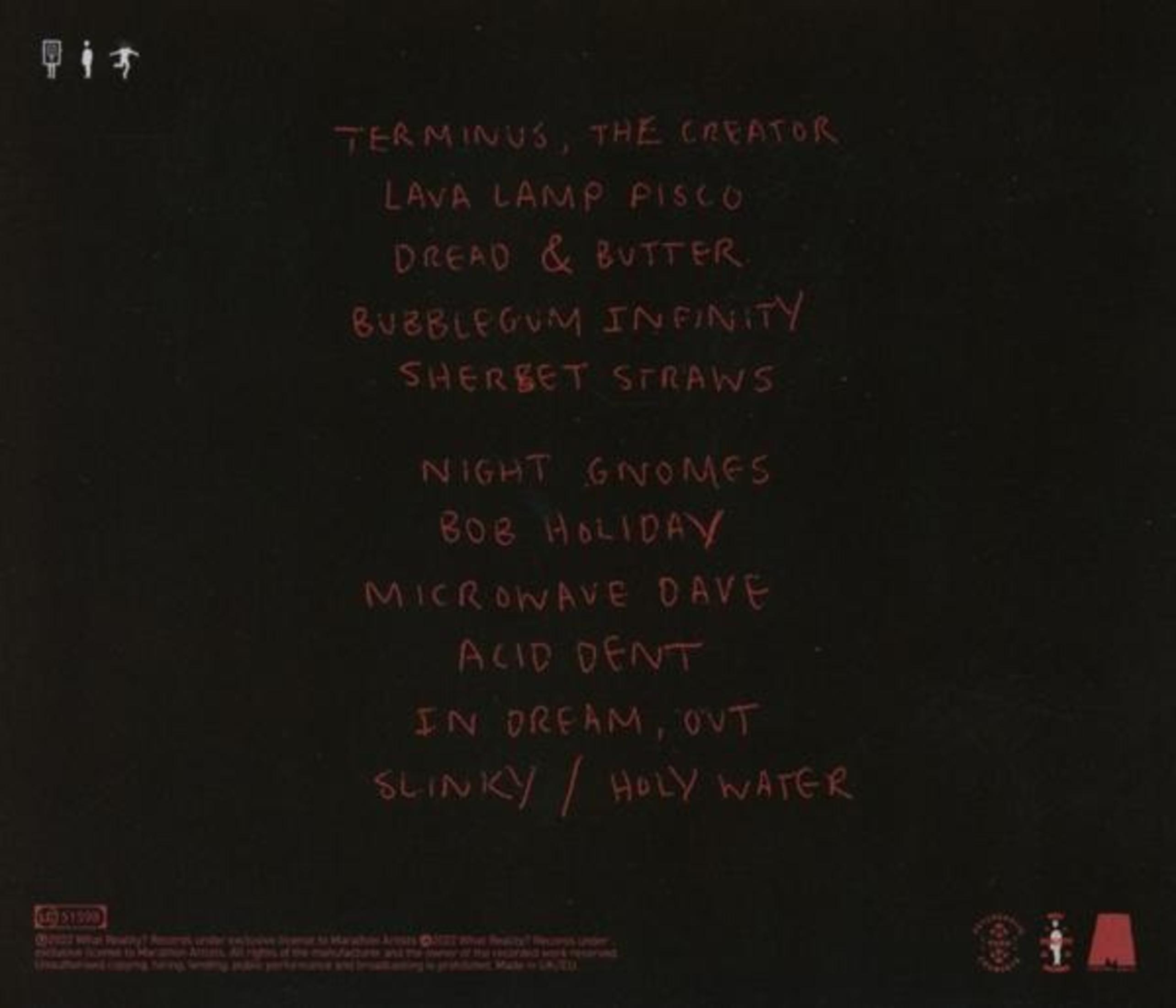 Titelliste auf schwarzem Hintergrund mit roter handschriftlicher Schrift.