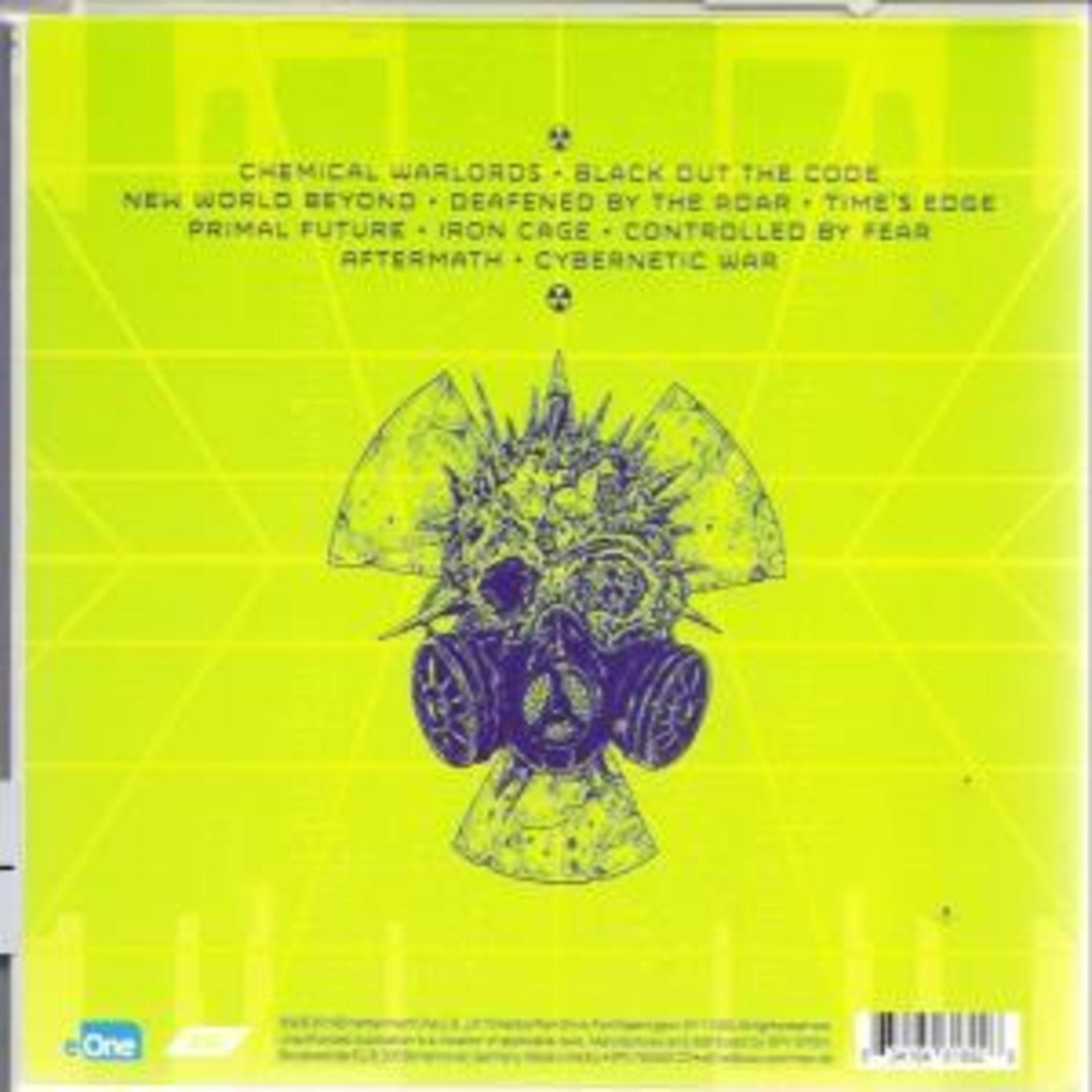 Hellgrüne CD-Rückseite mit violettem Totenkopf mit Gasmaske und Titelliste.