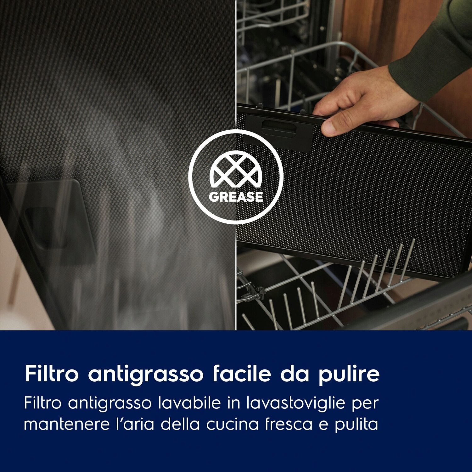 Persona colocando un filtro de grasa negro en el lavavajillas.