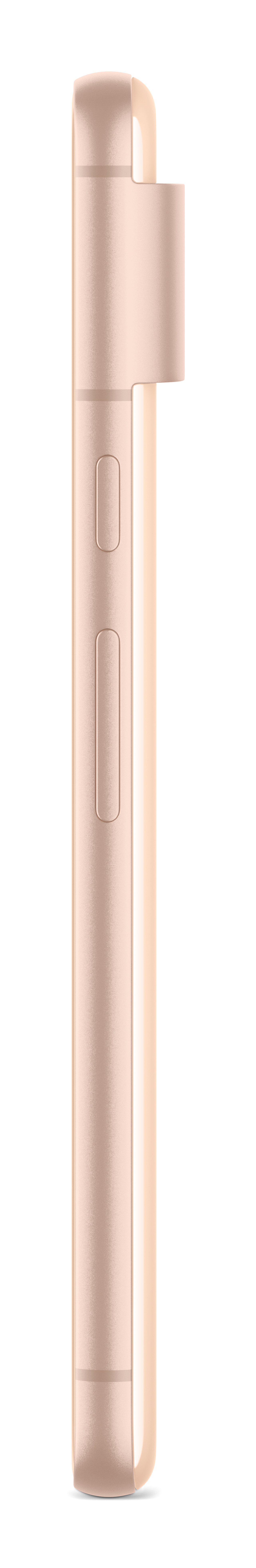 Seitenansicht eines roségoldenen Smartphones mit Kameramodul und physischen Tasten.
