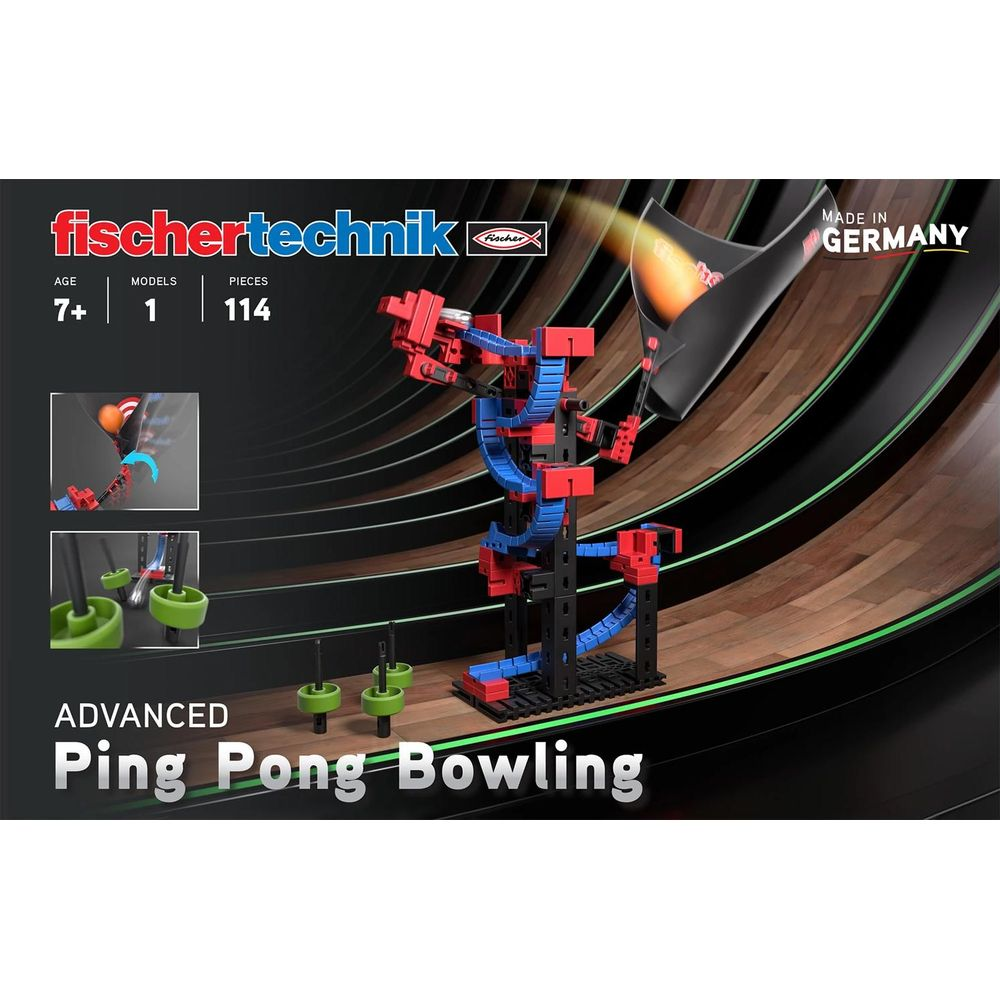 Verpackung der Fischertechnik Ping-Pong-Bowling-Kugelbahn mit rotem und blauem Turm sowie grünen Teilen.