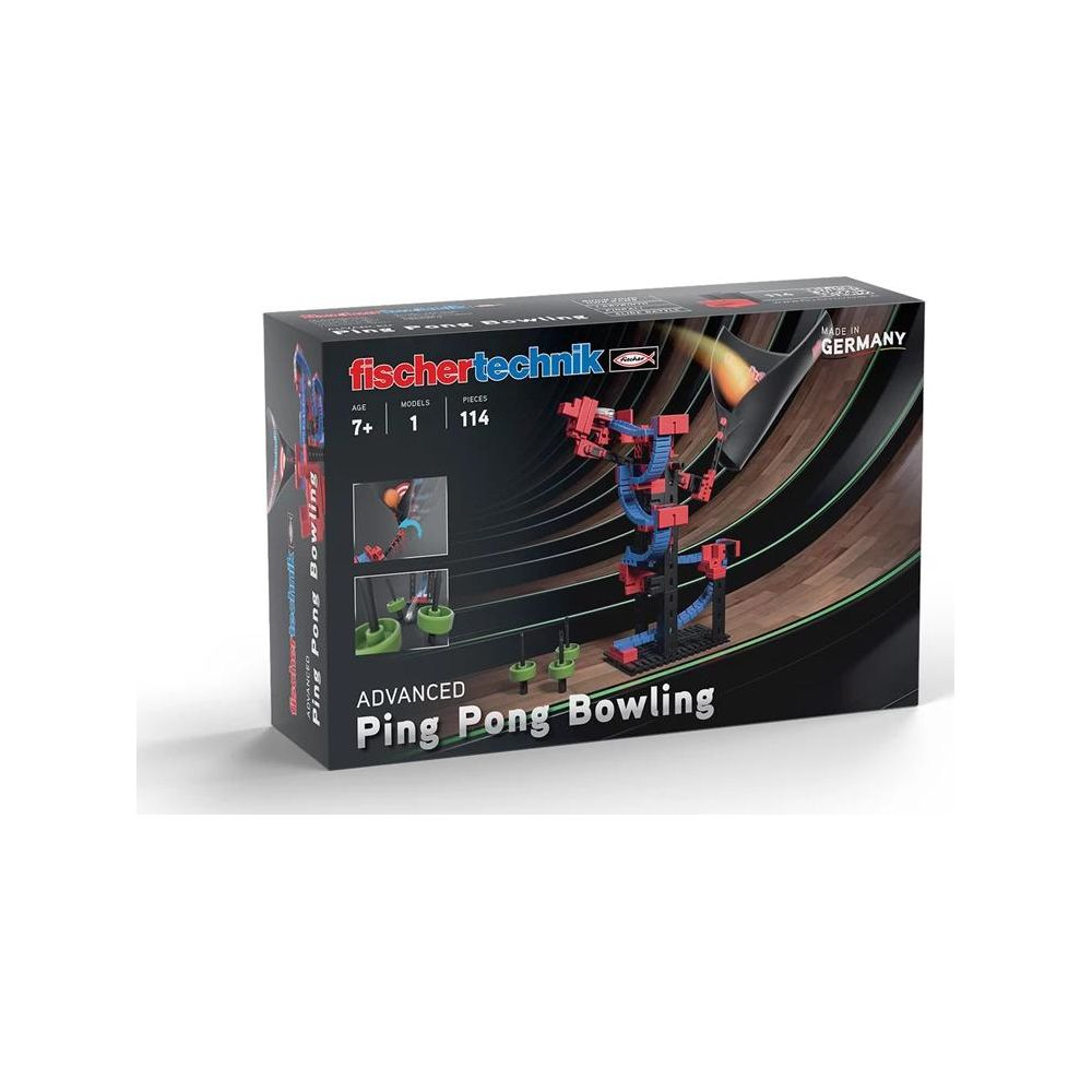 Verpackung der Fischertechnik Advanced Ping Pong Bowling Konstruktionsspielzeug mit abgebildetem Modell.