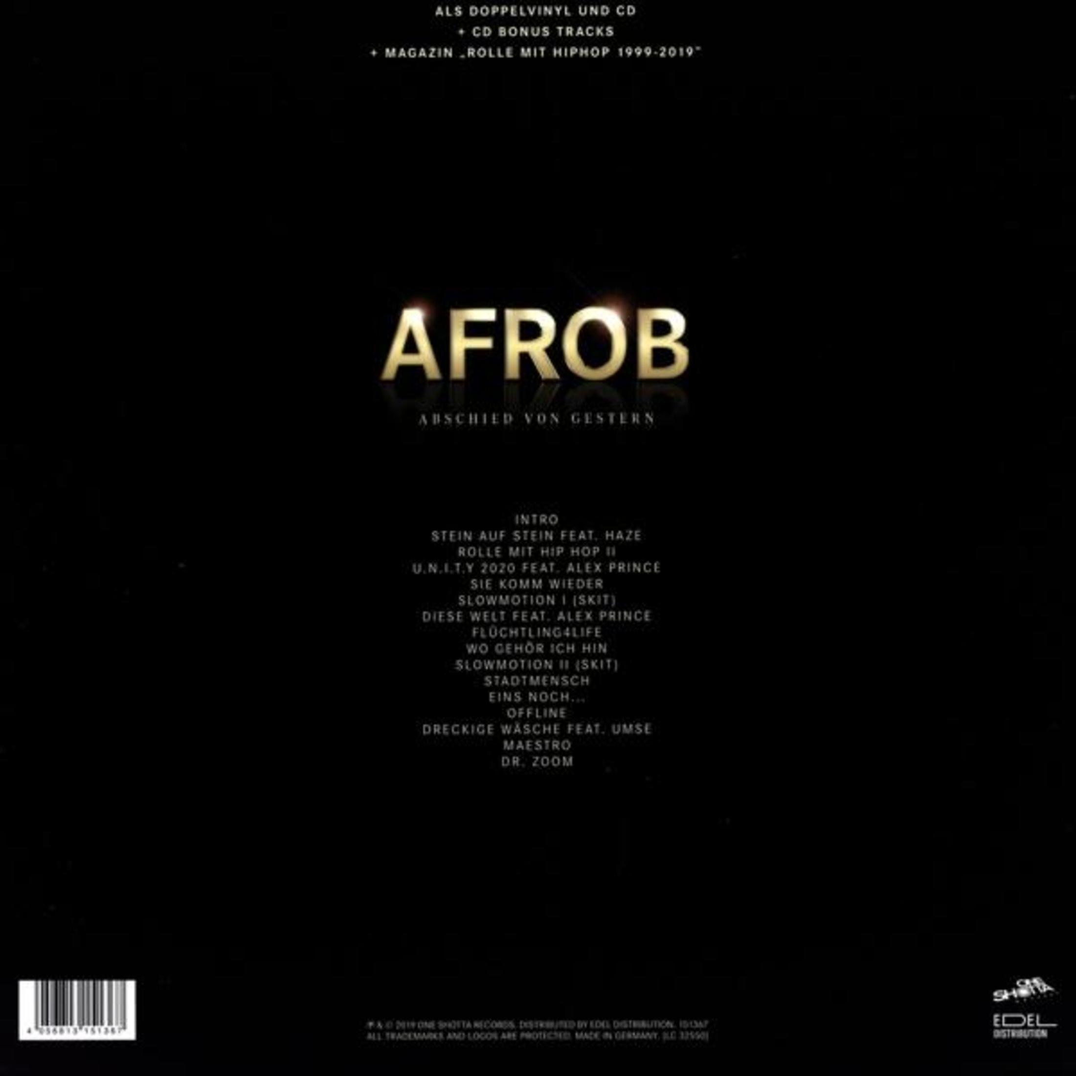 Schwarzes Albumcover mit goldenem Schriftzug AFROB und weißer Tracklist.