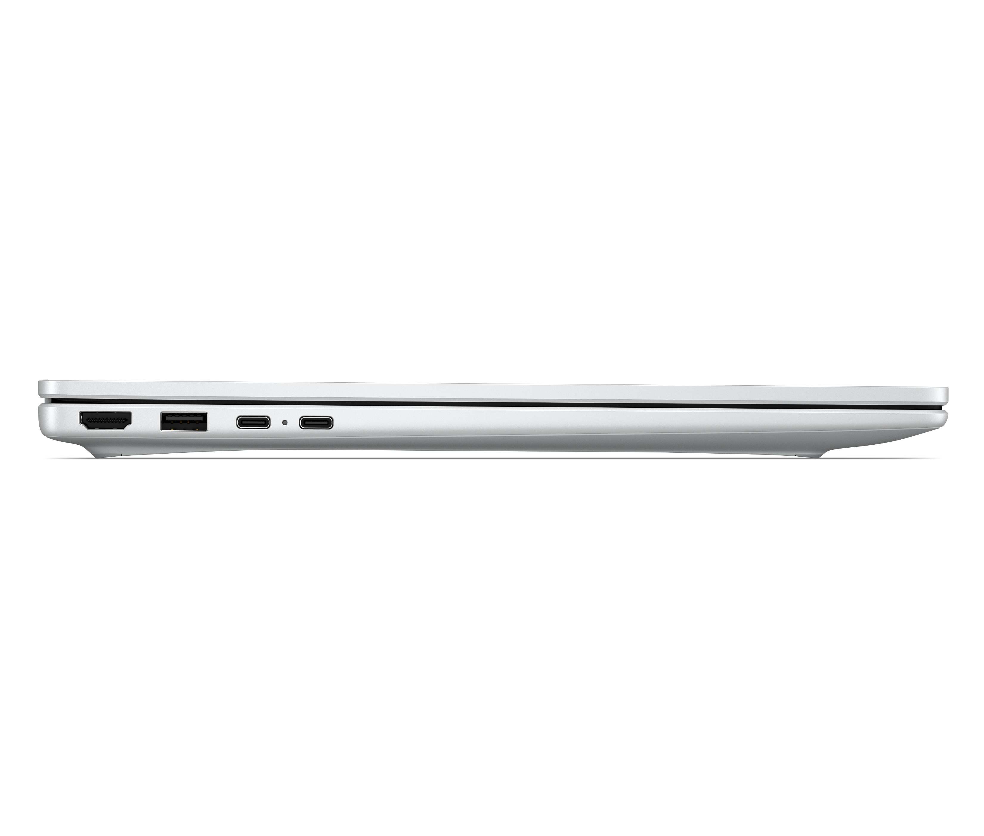 Vista laterale di un laptop sottile color argento che mostra porte HDMI, USB e due porte Type-C.