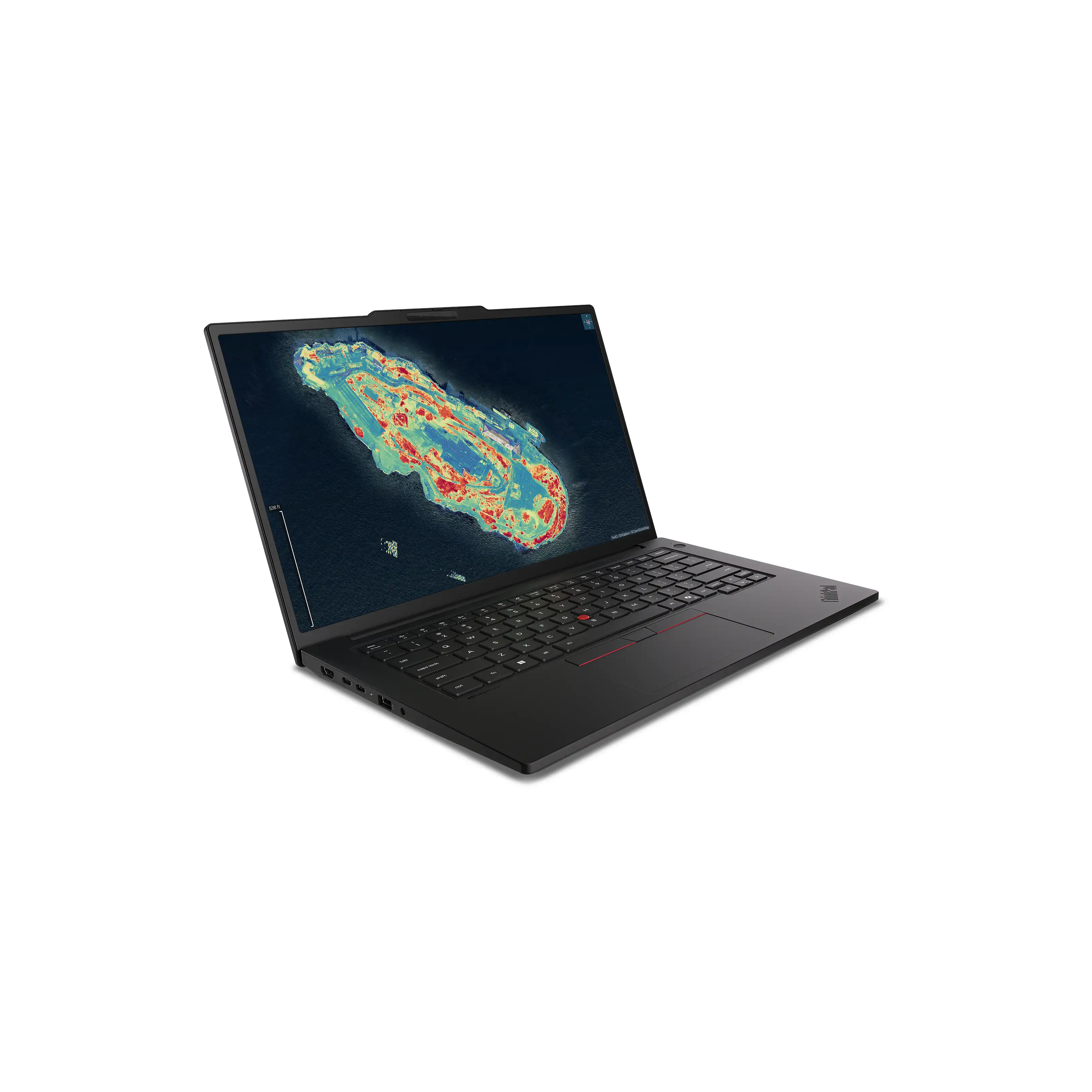 Un computer portatile nero su sfondo bianco mostra una mappa topografica colorata sullo schermo.