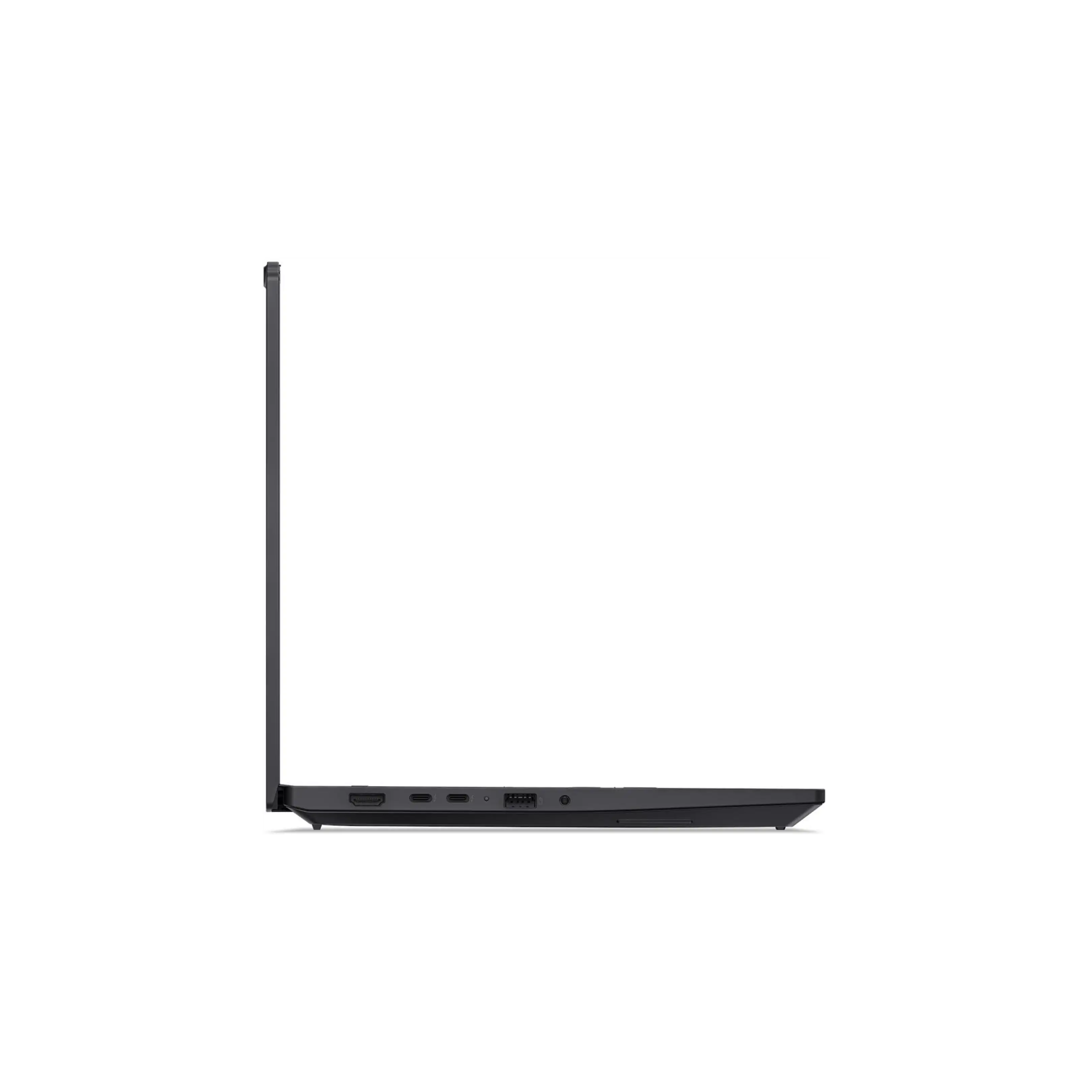 Vista laterale di un laptop nero che mostra varie porte lungo il bordo.