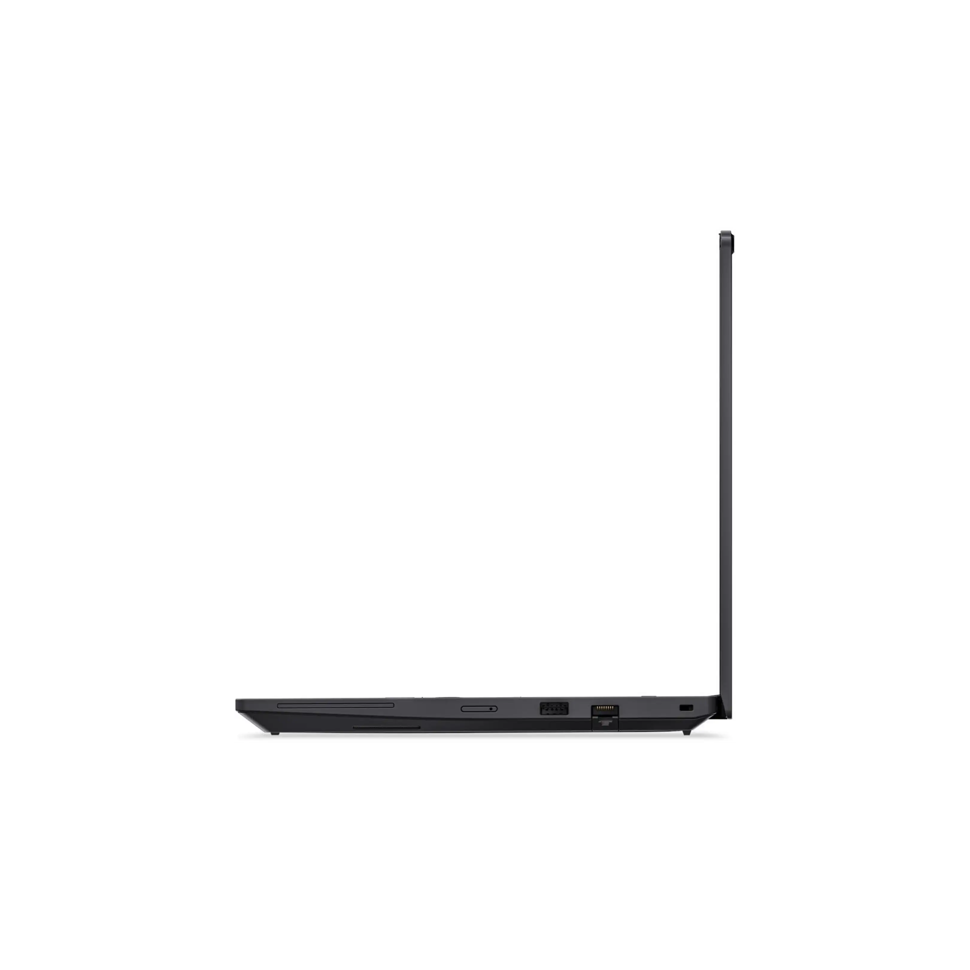 Vista di profilo laterale di un laptop nero chiuso che mostra le porte su sfondo bianco.