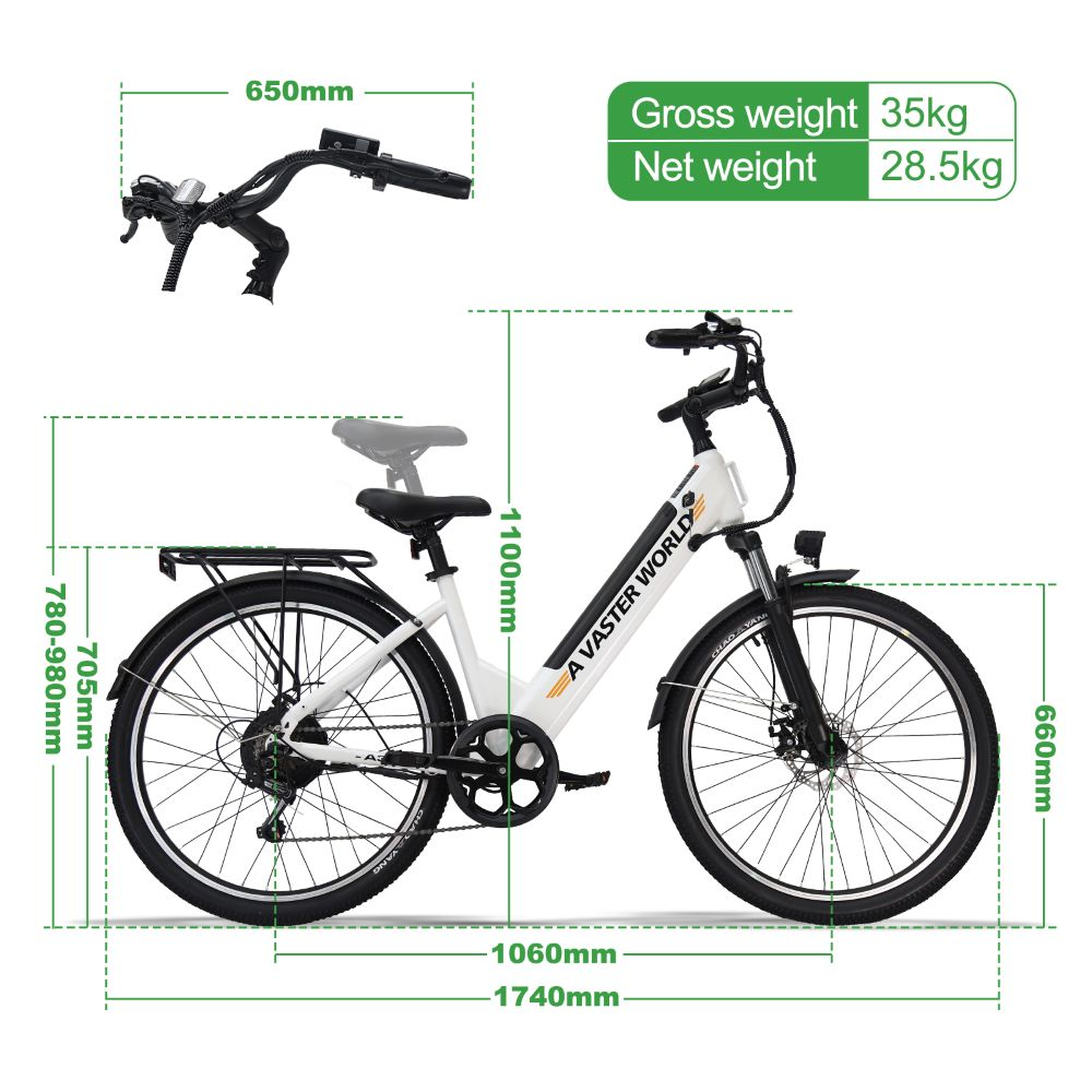 Bicicleta eléctrica blanca con dimensiones, peso y primer plano del manillar.