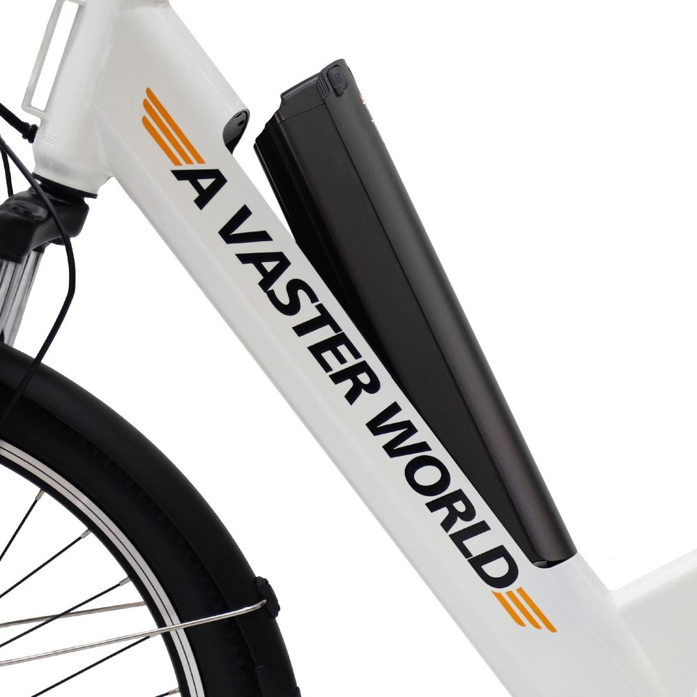 Un cuadro de bicicleta eléctrica blanco con el texto A VASTER WORLD y una batería negra.