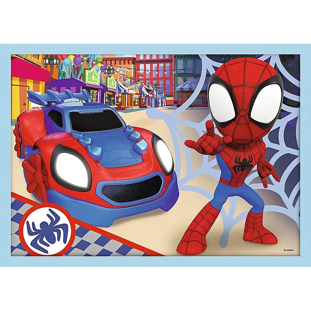 Spider-Man si trova accanto alla sua auto da corsa rossa e blu in una strada colorata.