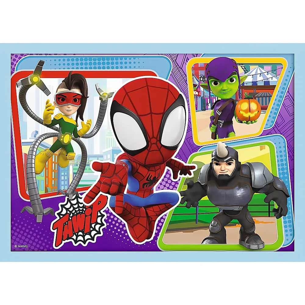 Spidey al centro, affiancato da Doctor Octopus, Green Goblin e Rhino in una colorata illustrazione a fumetti.