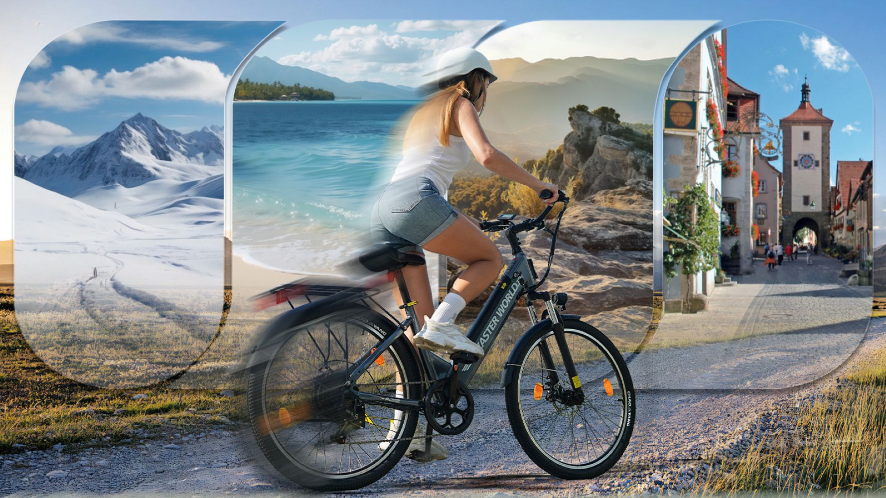 Una ciclista pedalea en un collage paisajístico con montañas nevadas, playa y casco antiguo europeo.