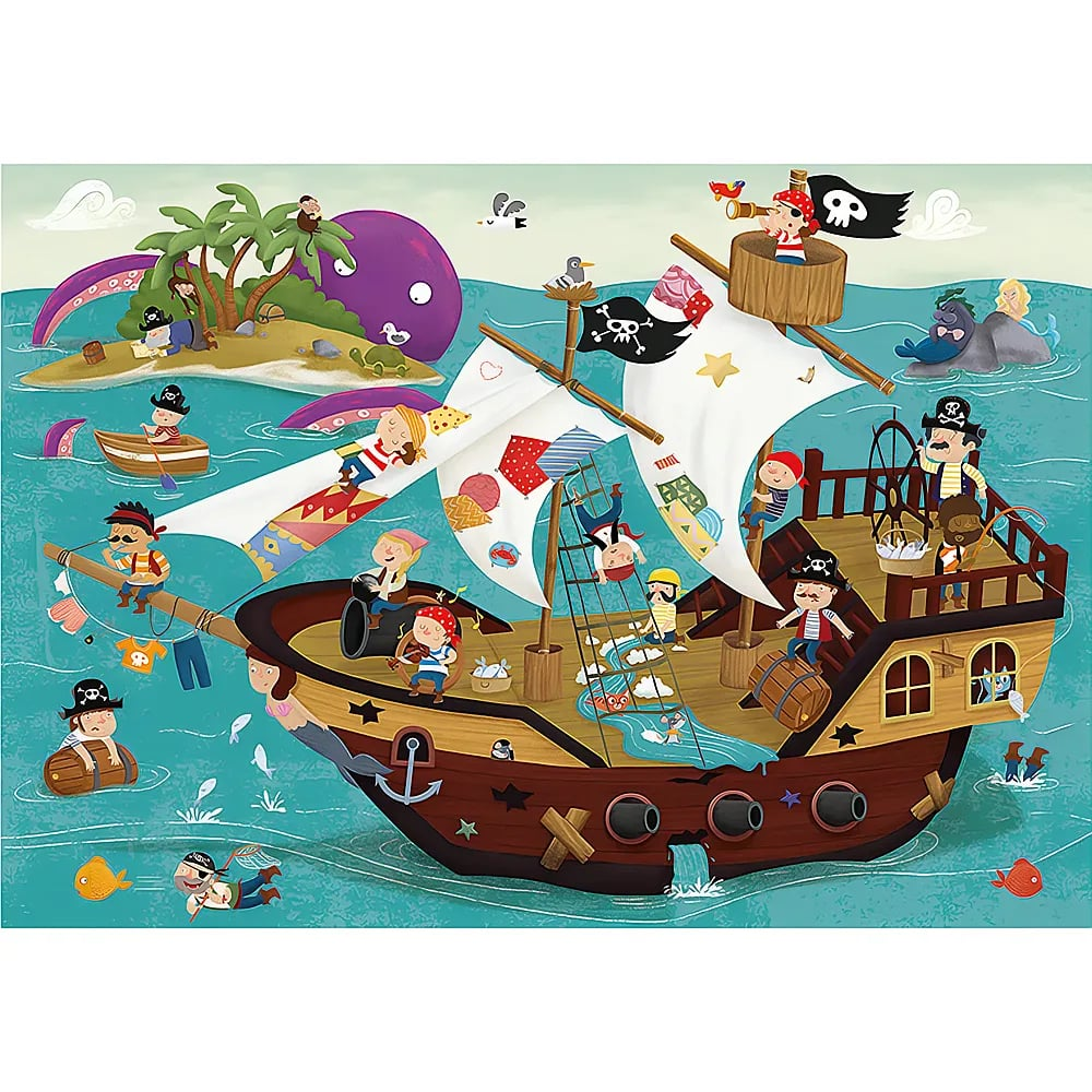 Ein buntes Piratenschiff auf dem Meer voller lebhafter Piraten, im Hintergrund eine Insel mit einem Oktopus.