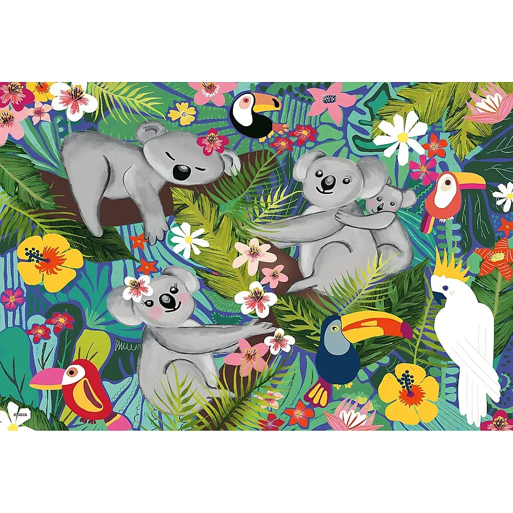 Gemalte Illustration von Koalas, Tukanen und einem Kakadu im bunten Dschungel.