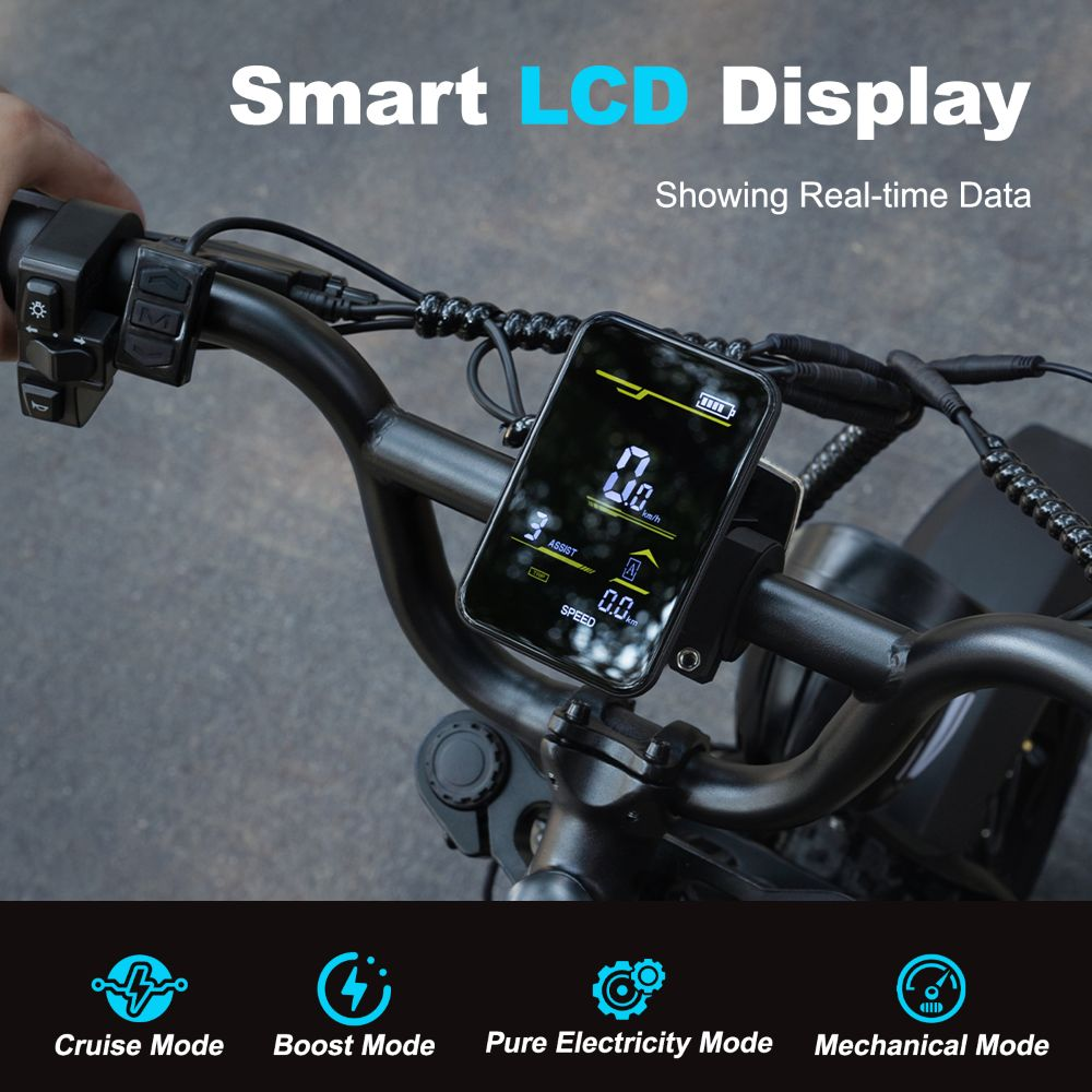 Pantalla LCD inteligente en el manillar de una bicicleta eléctrica que muestra velocidad y batería.