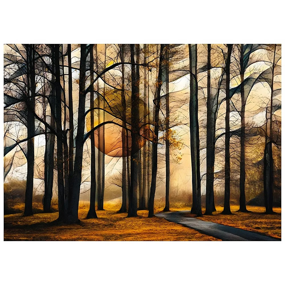 Un chemin sinueux traverse une forêt d'automne avec de grands arbres et un grand soleil rouge-orange en arrière-plan.