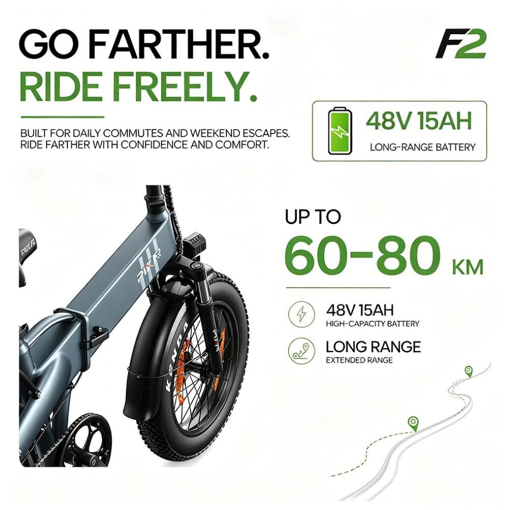 Imagen promocional de una bicicleta eléctrica plegable con batería de 48V 15Ah y hasta 80 km de autonomía.