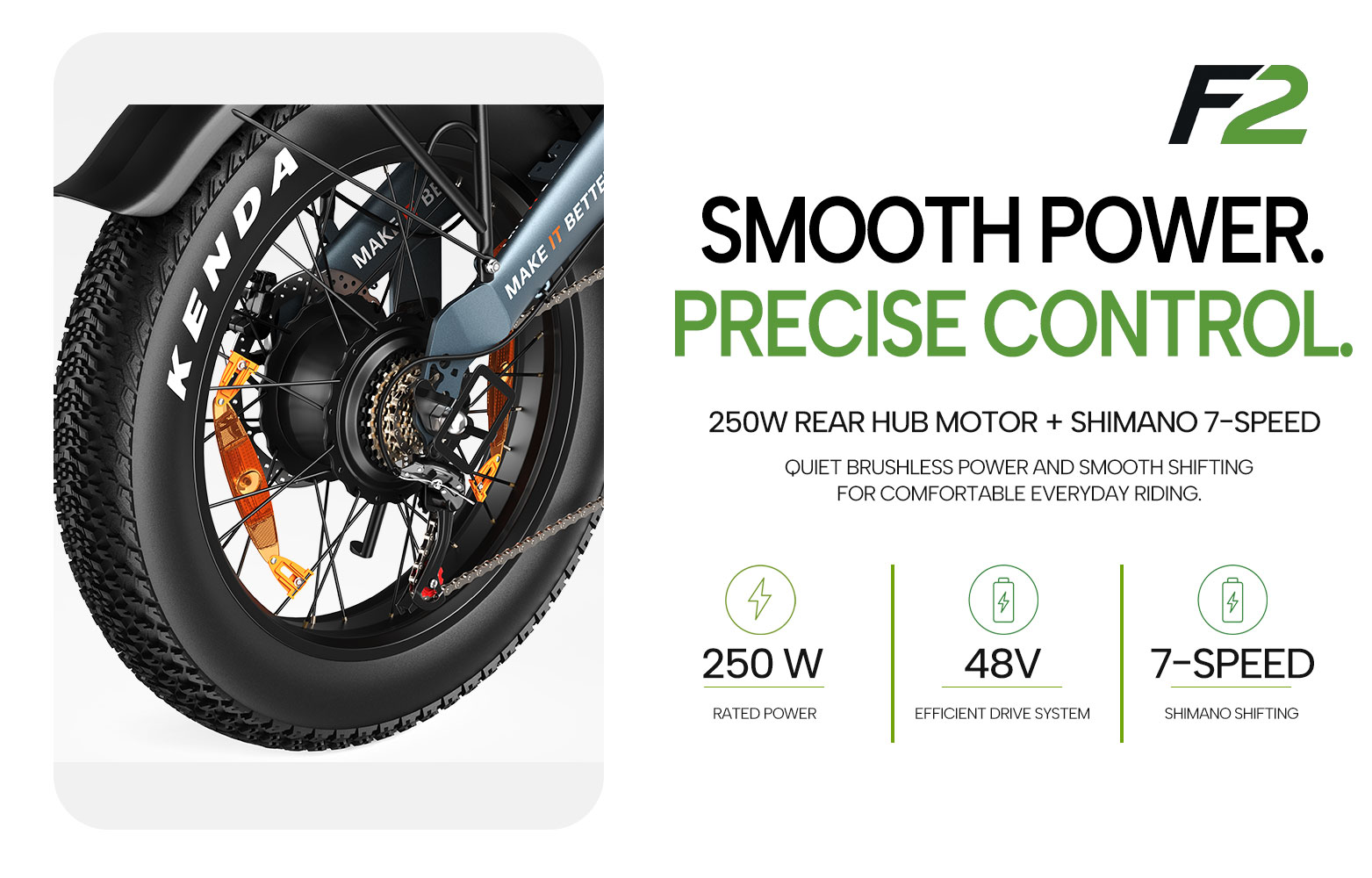 Rueda trasera de bicicleta eléctrica con neumático Kenda, cambios Shimano y motor de 250W, con potencia y control.