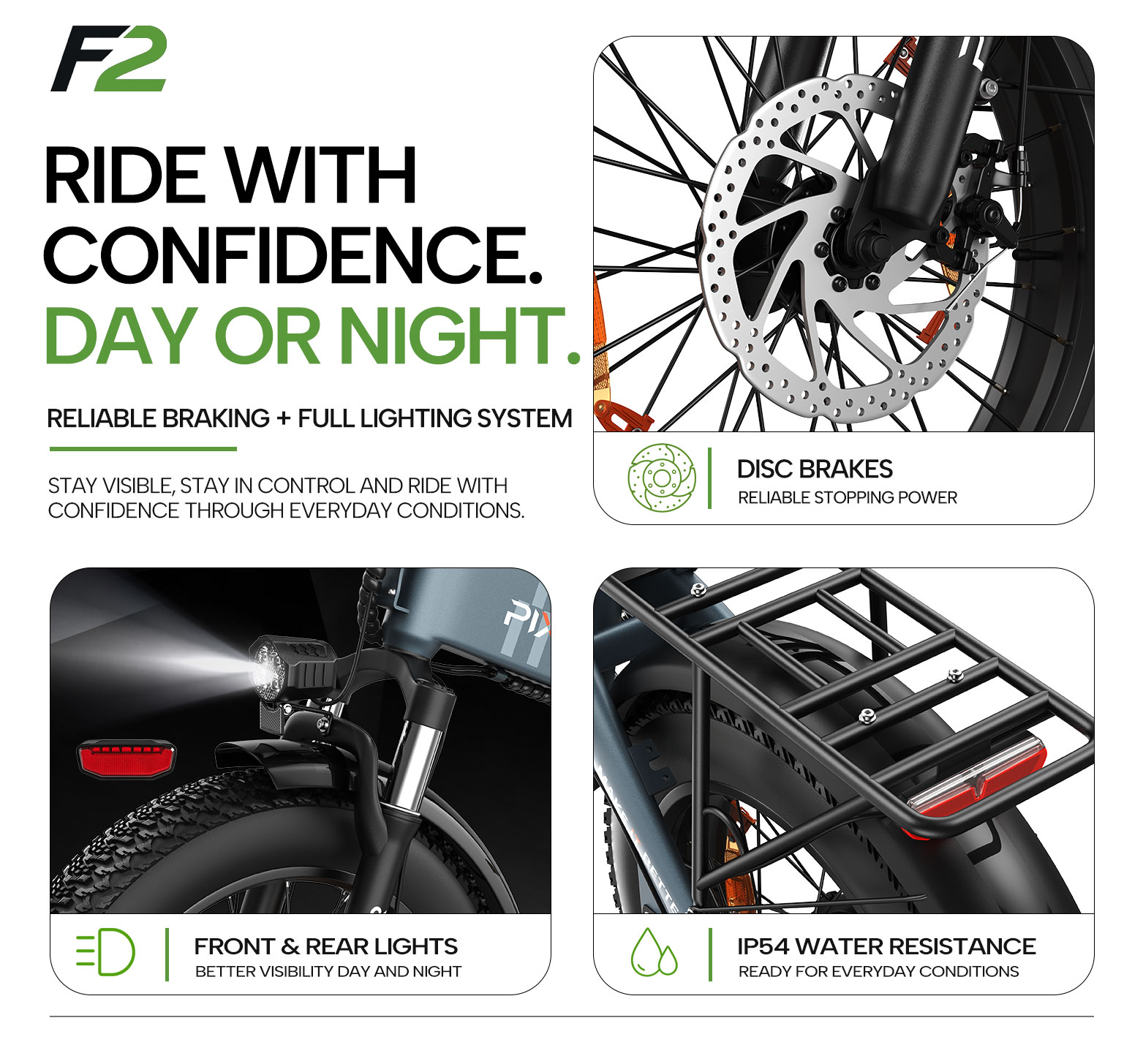Características de la e-bike: frenos de disco, luces delanteras y traseras, y portaequipajes.