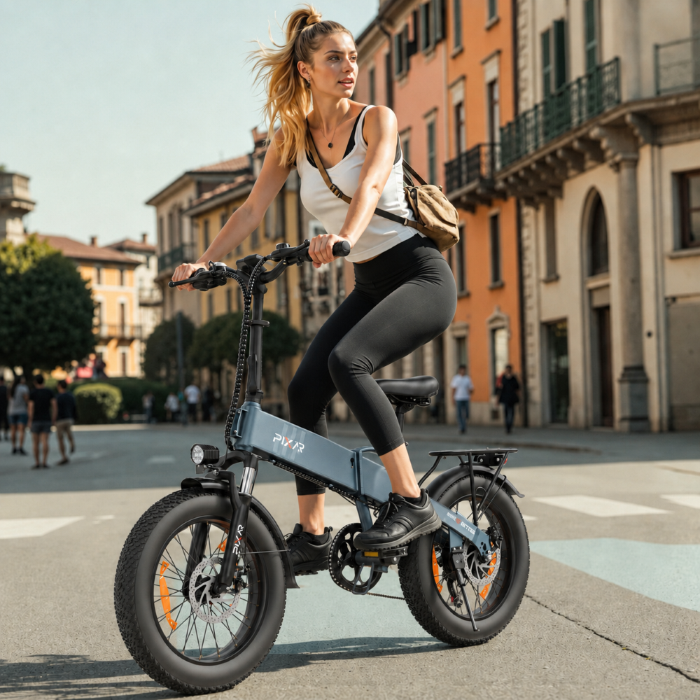 Una mujer rubia monta en una bicicleta eléctrica azul por una calle urbana con edificios antiguos al fondo.