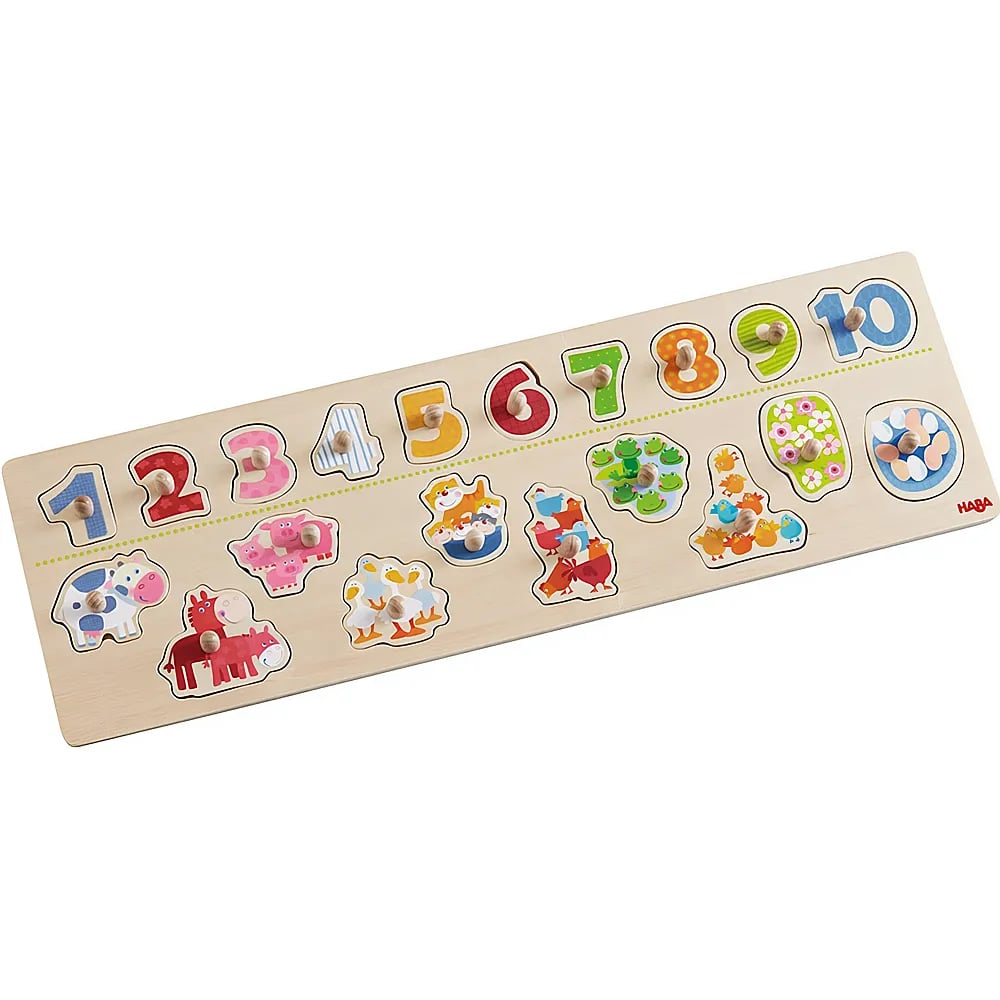 Ein hölzernes Steckpuzzle mit bunten Zahlen von eins bis zehn und passenden Tieren darunter.