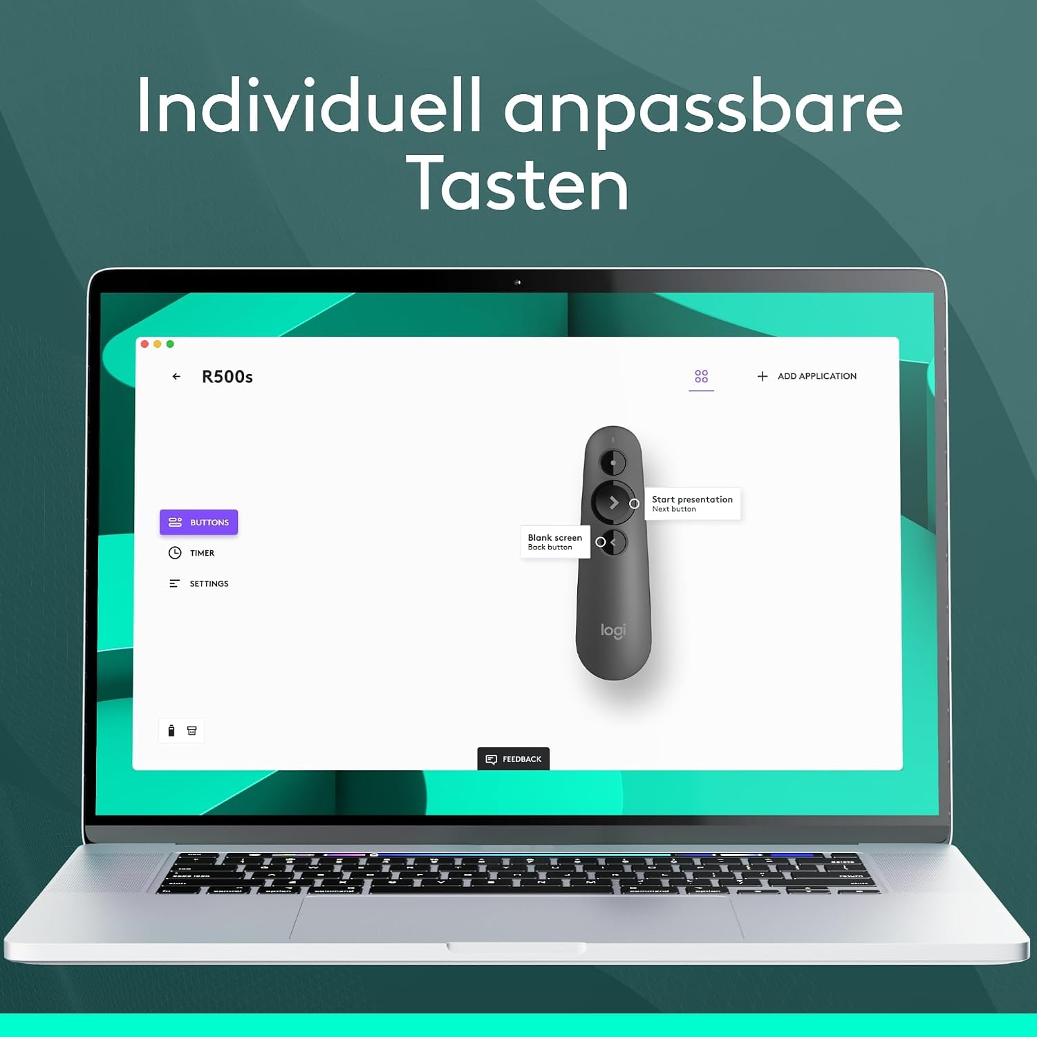 Ein Laptop zeigt die Softwarekonfiguration für den Logitech R500s Präsentationsklicker mit anpassbaren Tasten.