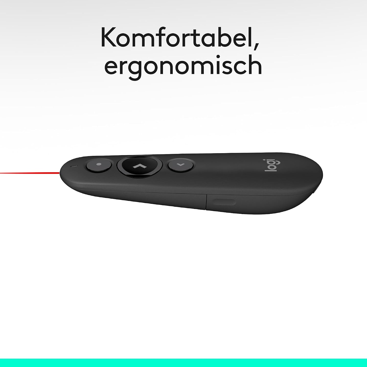 Ein schwarzer Logitech-Präsentator mit rotem Laserstrahl vor weißem Hintergrund und Text.