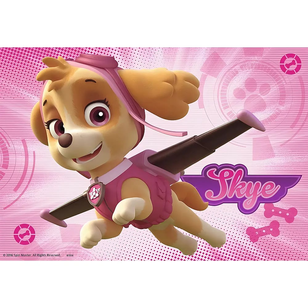 Skye, der Hund aus Paw Patrol, fliegt mit ihrem pinken Jetpack vor einem rosa Hintergrund.