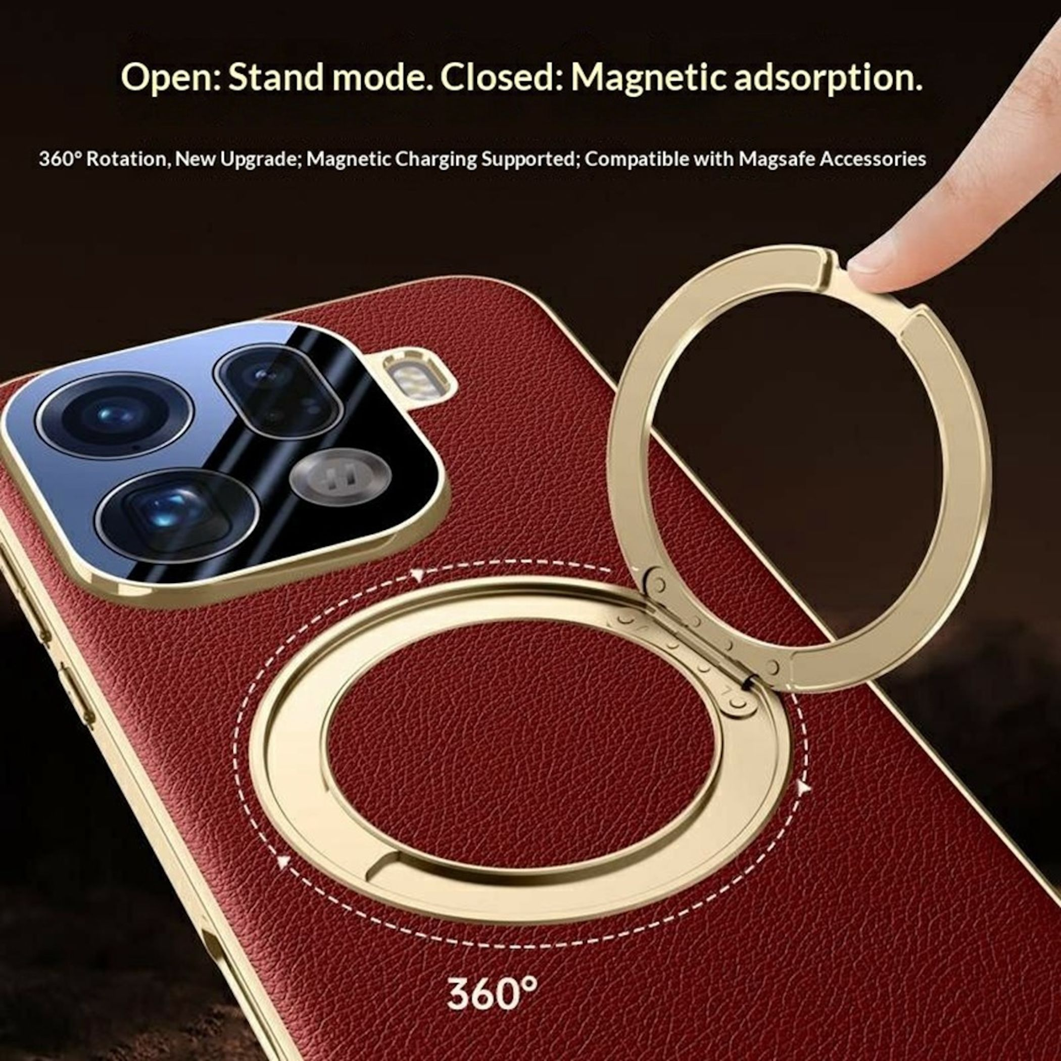 Rote Leder-Handyhülle mit integriertem, goldenem Ringständer auf der Rückseite.