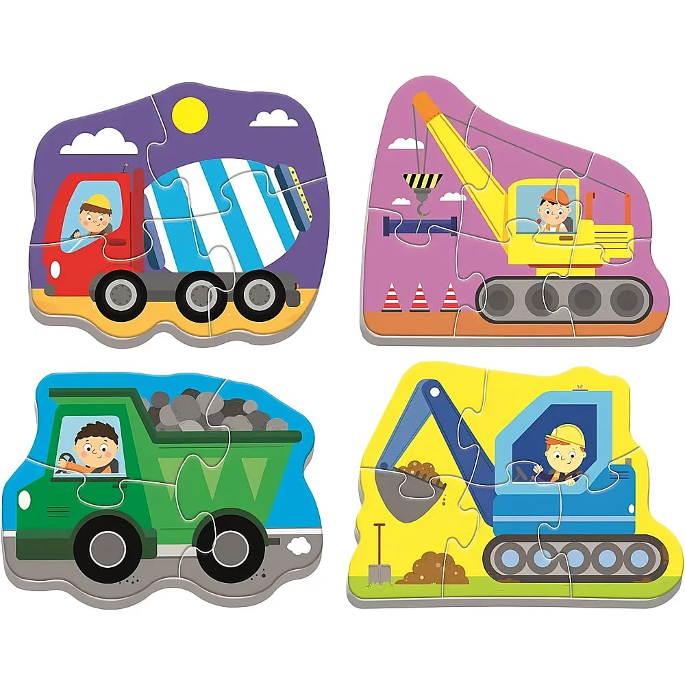 Vier bunte Kinderpuzzles zeigen Bau Fahrzeuge wie Betonmischer, Kran, Kipper und Bagger mit Fahrern.