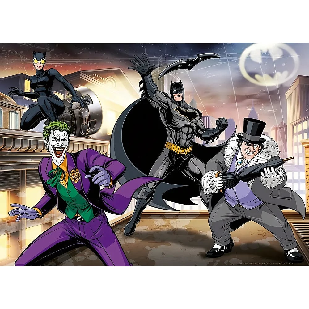 Batman steht auf einem Dach, umgeben vom Joker, Catwoman und dem Pinguin in Gotham.