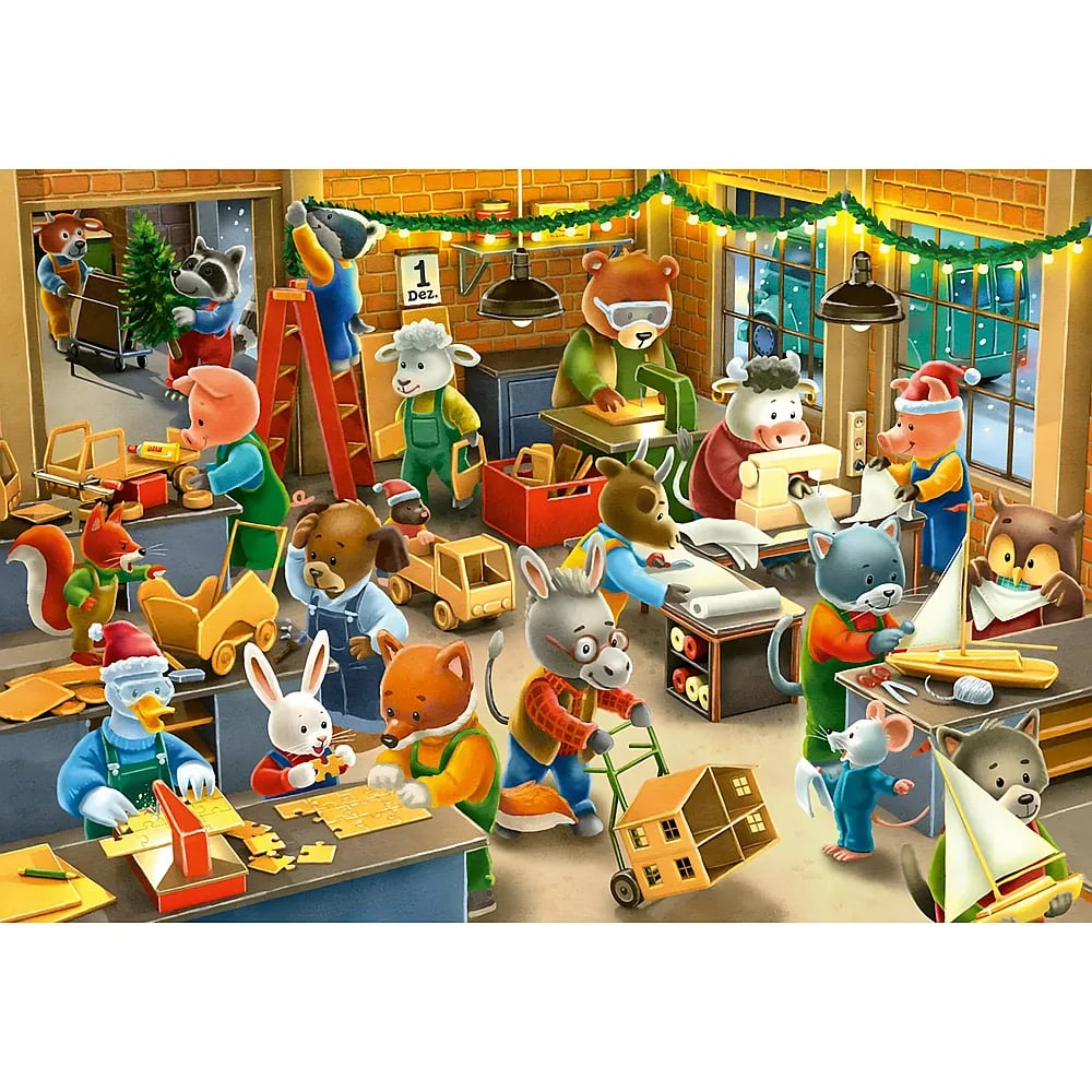Viele verschiedene Tiere arbeiten fleißig in einer weihnachtlich geschmückten Werkstatt und bauen Holzspielzeug.